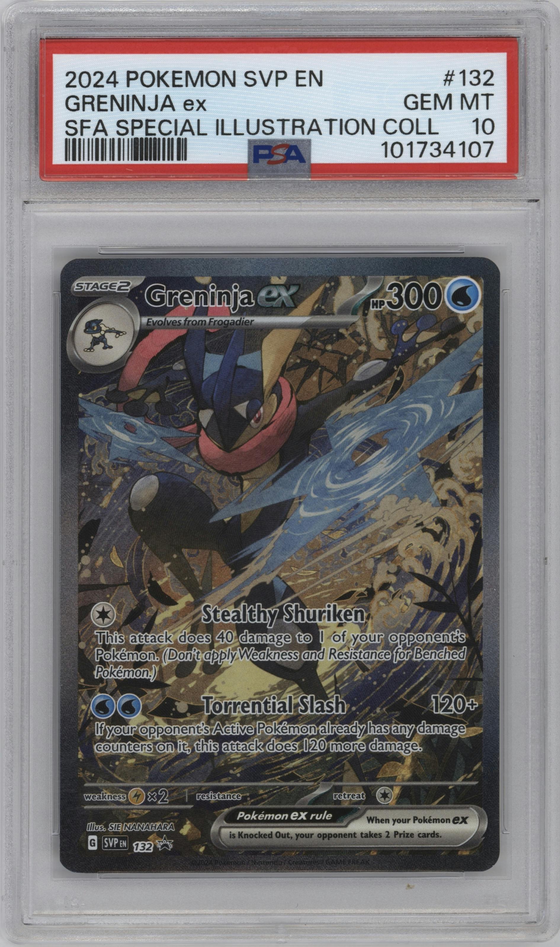 Greninja ex from the 2024 Pokemon SV set featuring a Shrouded Fable Greninja ex Special Illustration Collection parallel graded by PSA and given an overall grade of 10.