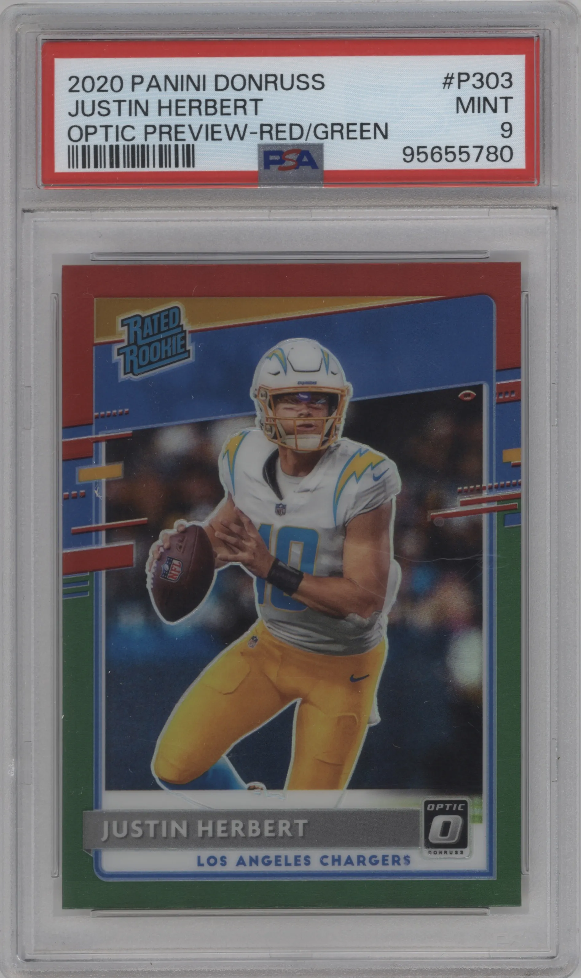 2020 Panini Donruss Optic Rtd.Rke. Justin Herbert Red & Green #P-303 PSA 9