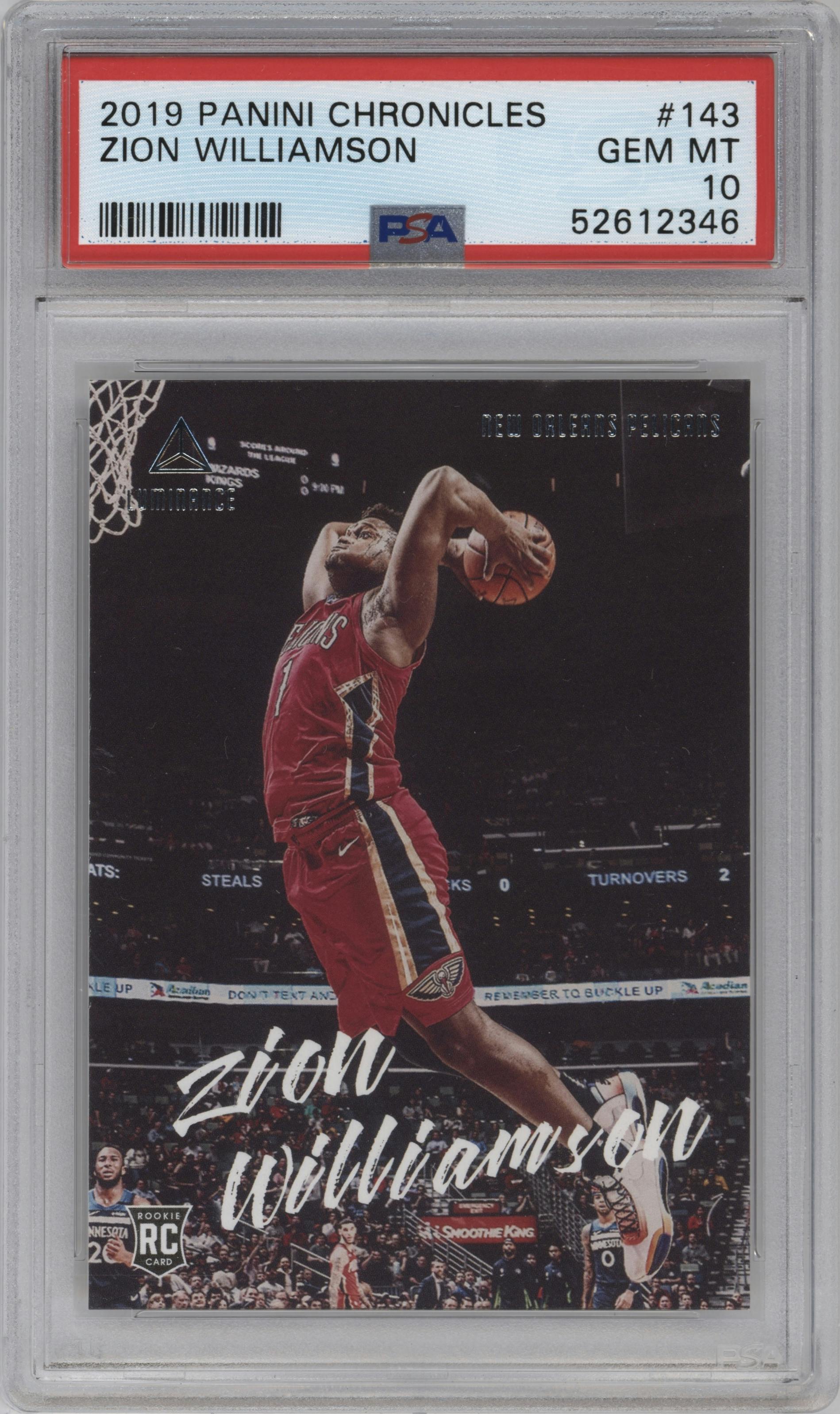 Zion Williamson from the 2019-20 Panini Chronicles  set graded by PSA and given an overall grade of 10.
