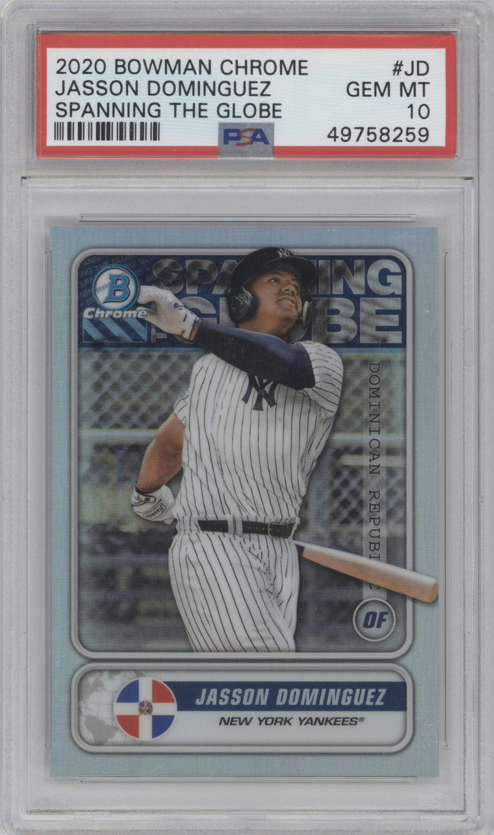 Jasson Dominguez from the 2020 Bowman set graded by PSA and given an overall grade of 10.