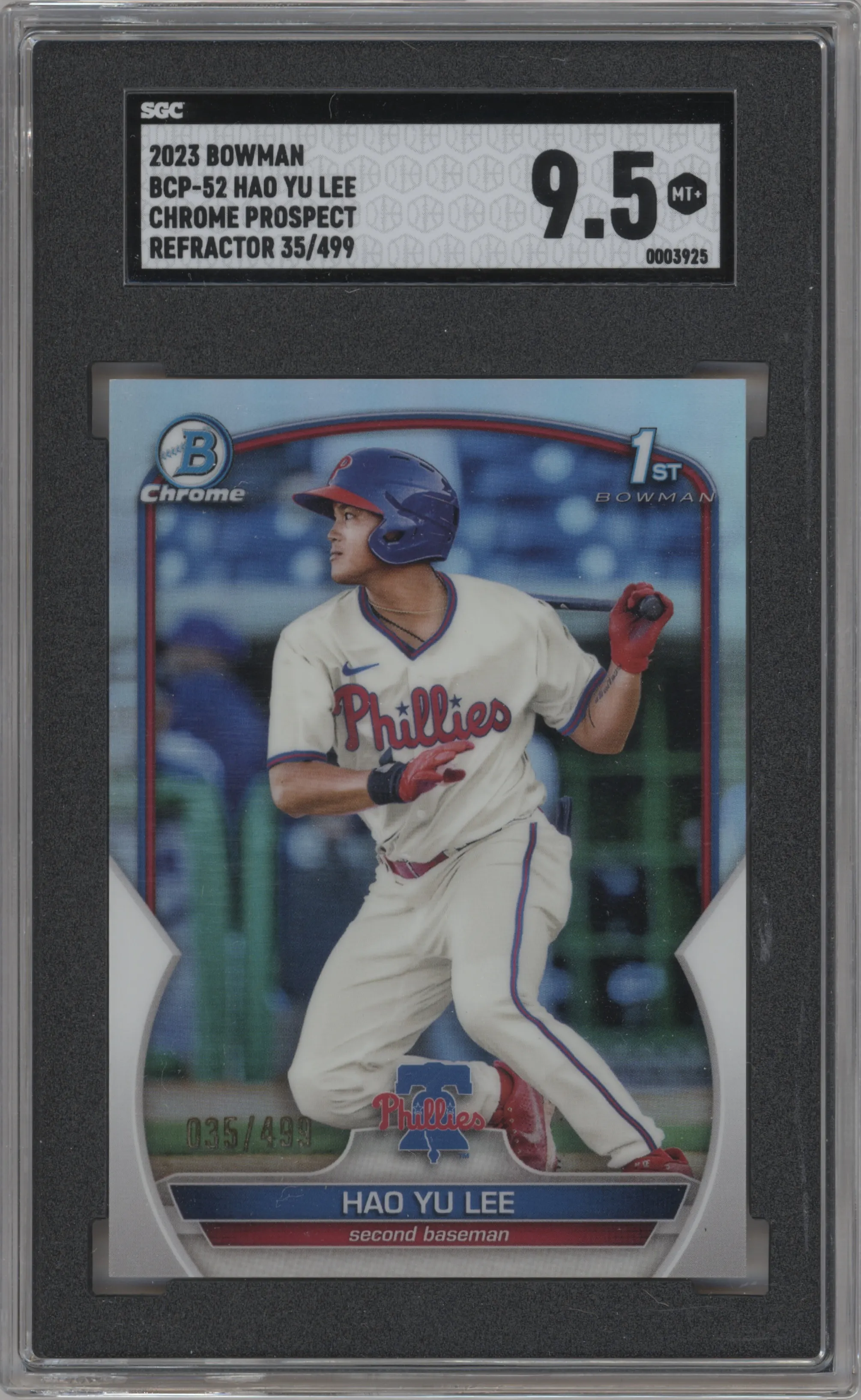 Hao Yu Lee from the 2023 Bowman  set featuring a Refractor parallel graded by SGC and given an overall grade of 9.5.