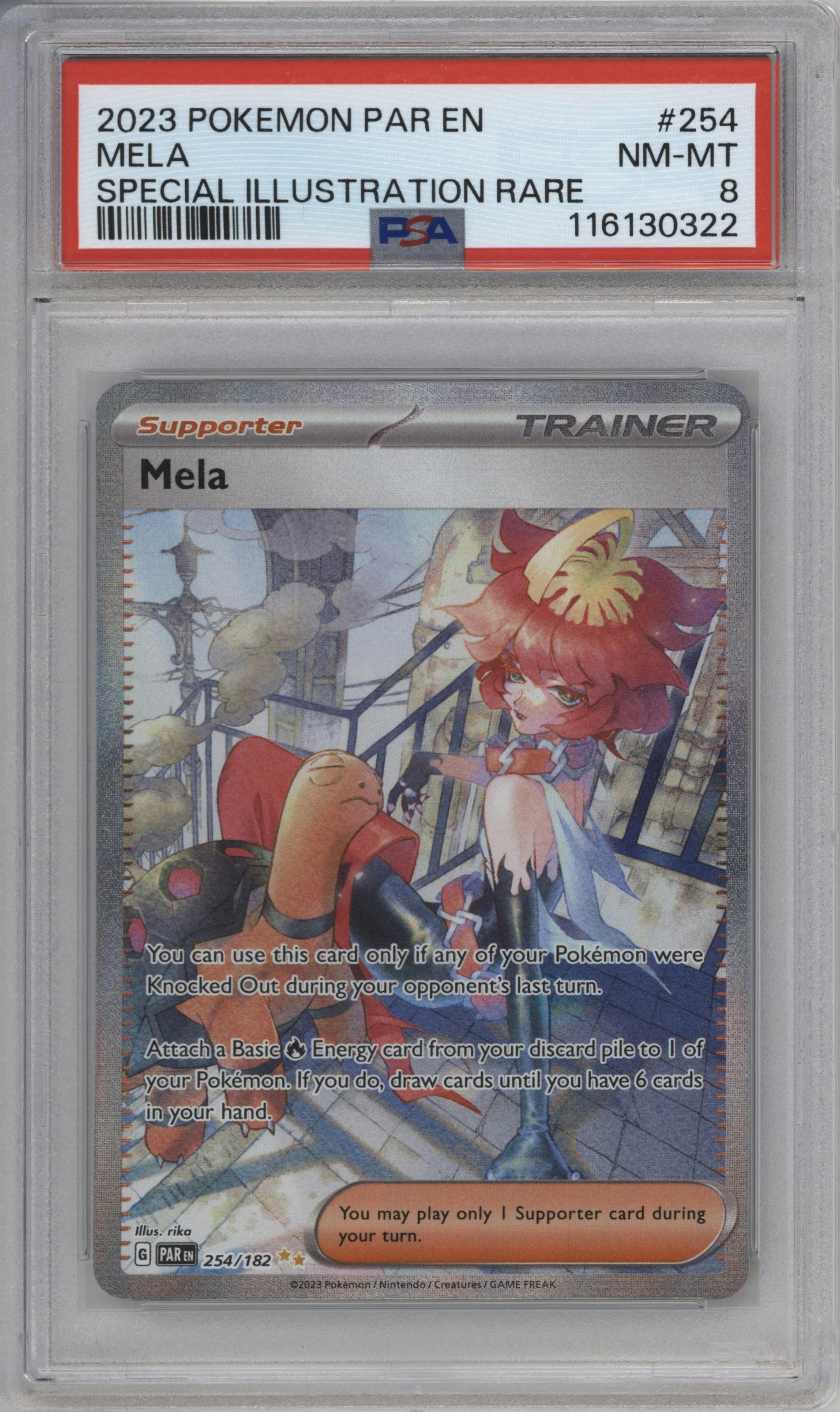 Mela from the 2023 Pokemon SV set graded by PSA and given an overall grade of 8.