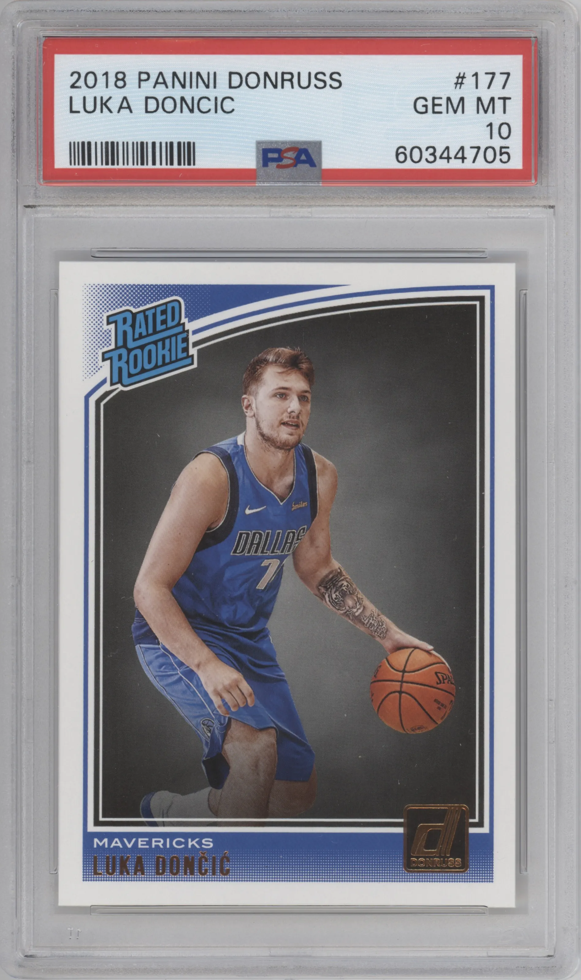 Luka Doncic from the 2018-19 Panini Donruss  set graded by PSA and given an overall grade of 10.