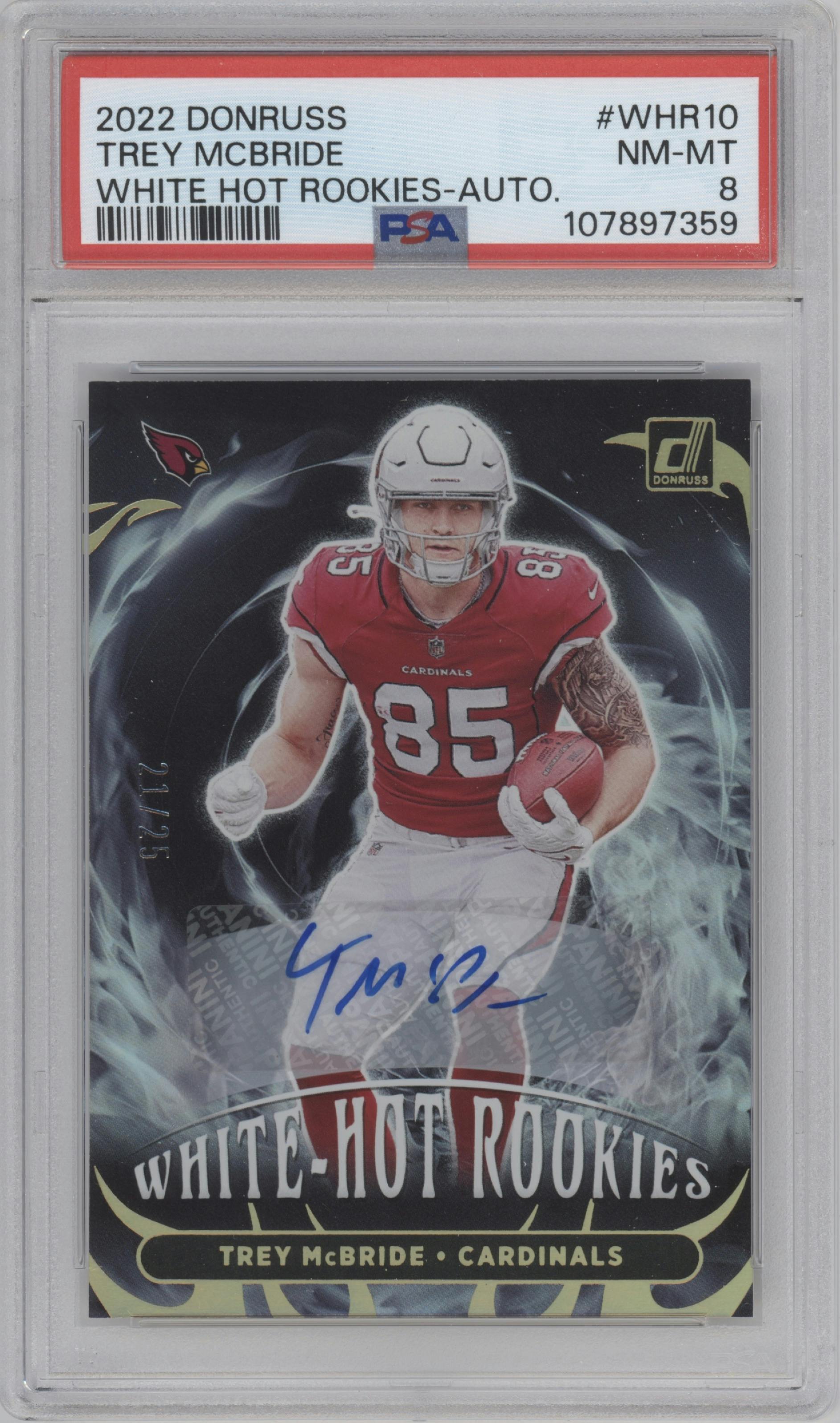 Trey McBride from the 2022 Panini Donruss set graded by PSA and given an overall grade of 8.