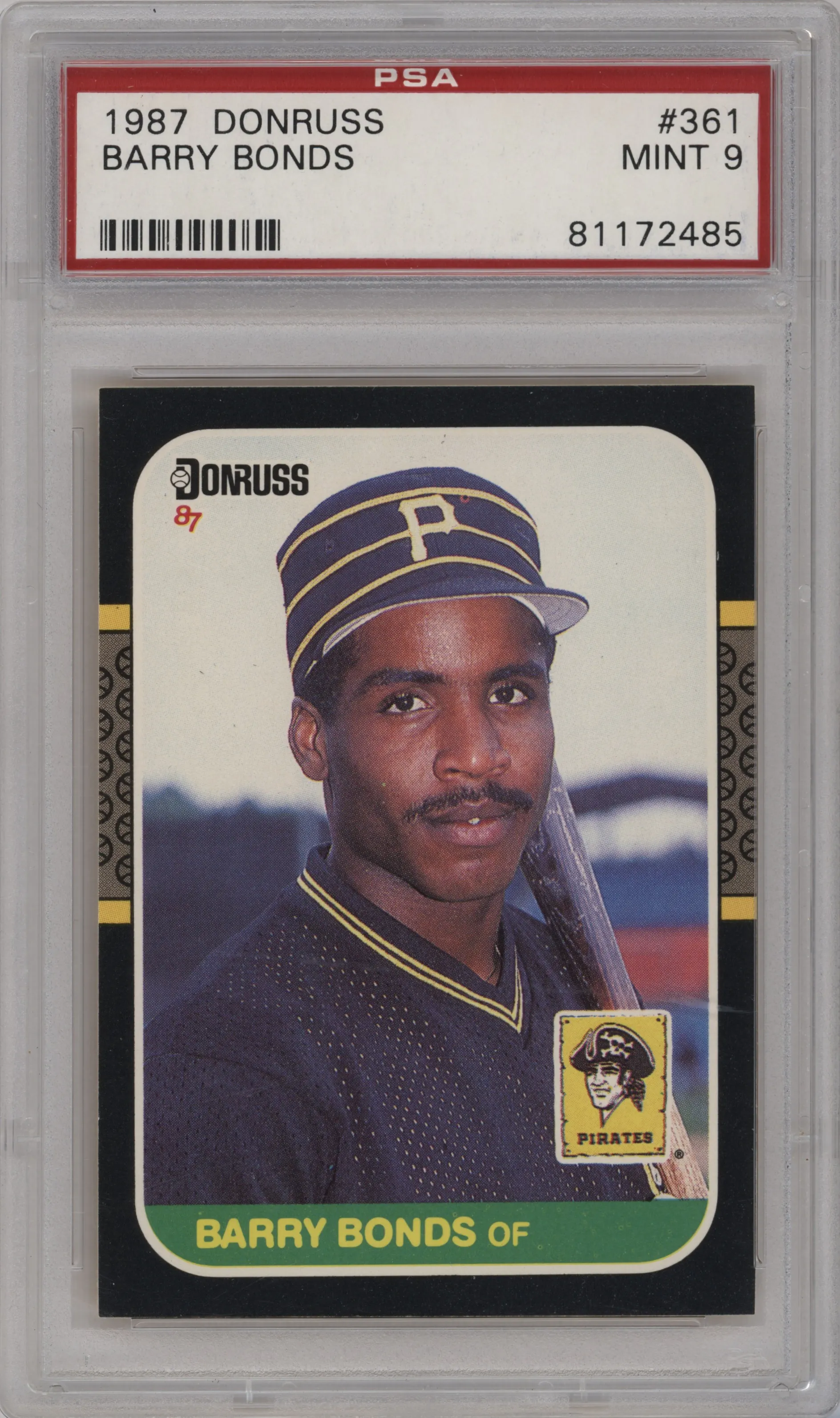 Barry Bonds from the 1987 Donruss set graded by PSA and given an overall grade of 9.