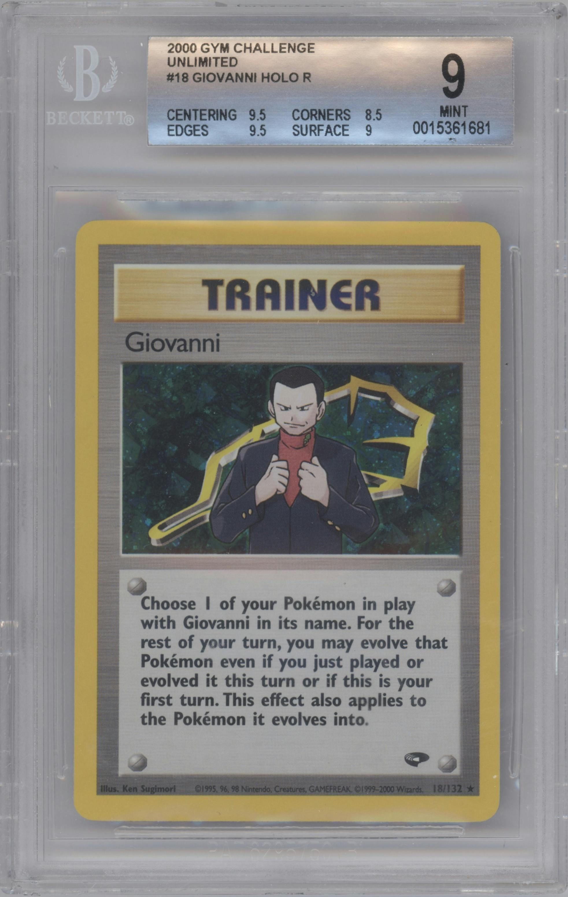 Giovanni from the 2000 Pokemon GH set graded by Beckett and given an overall grade of 9.