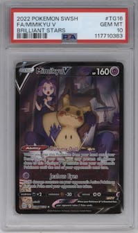 Mimikyu V from the 2022 Pokemon SWSH set graded by PSA and given an overall grade of 10.