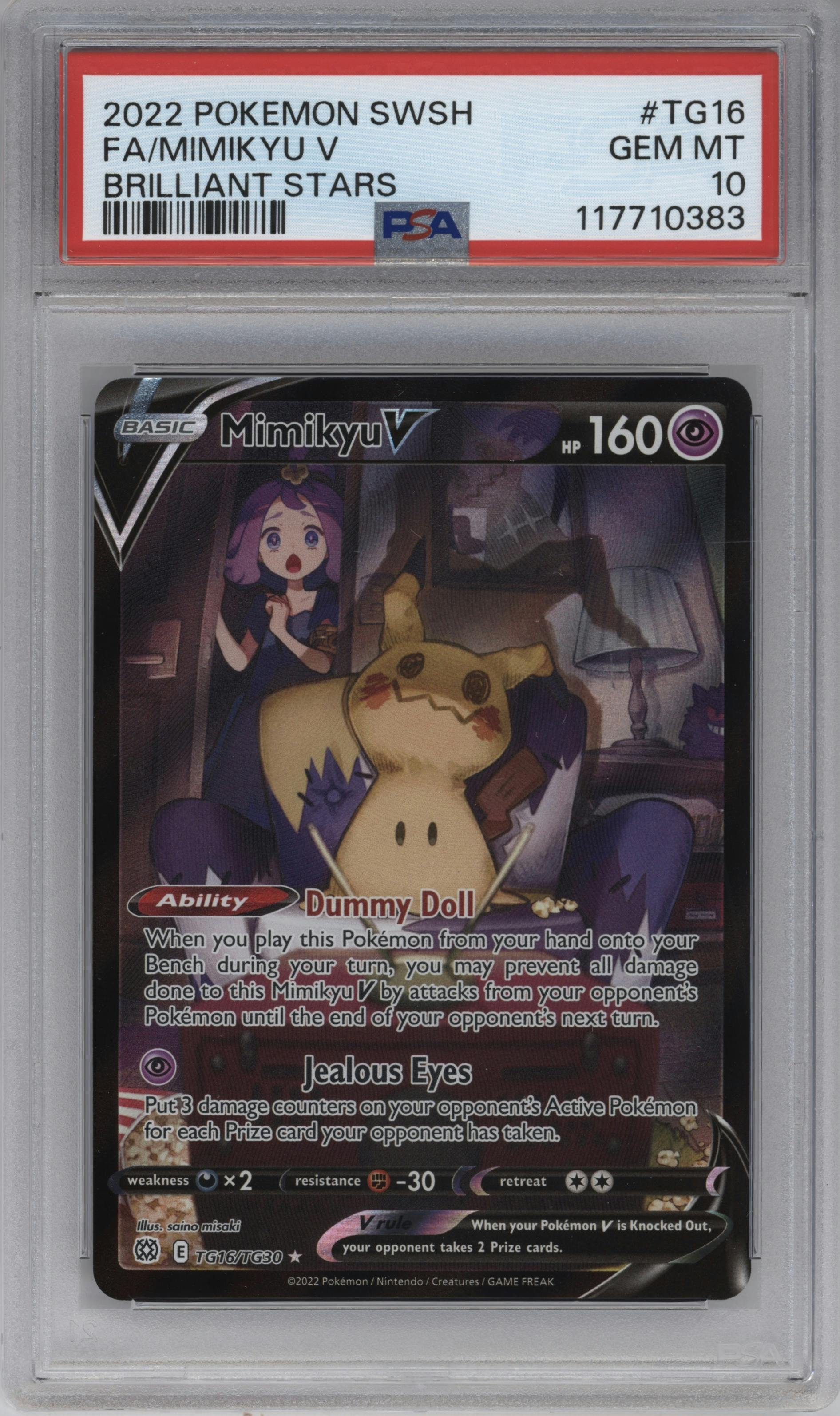 Mimikyu V from the 2022 Pokemon SWSH set graded by PSA and given an overall grade of 10.