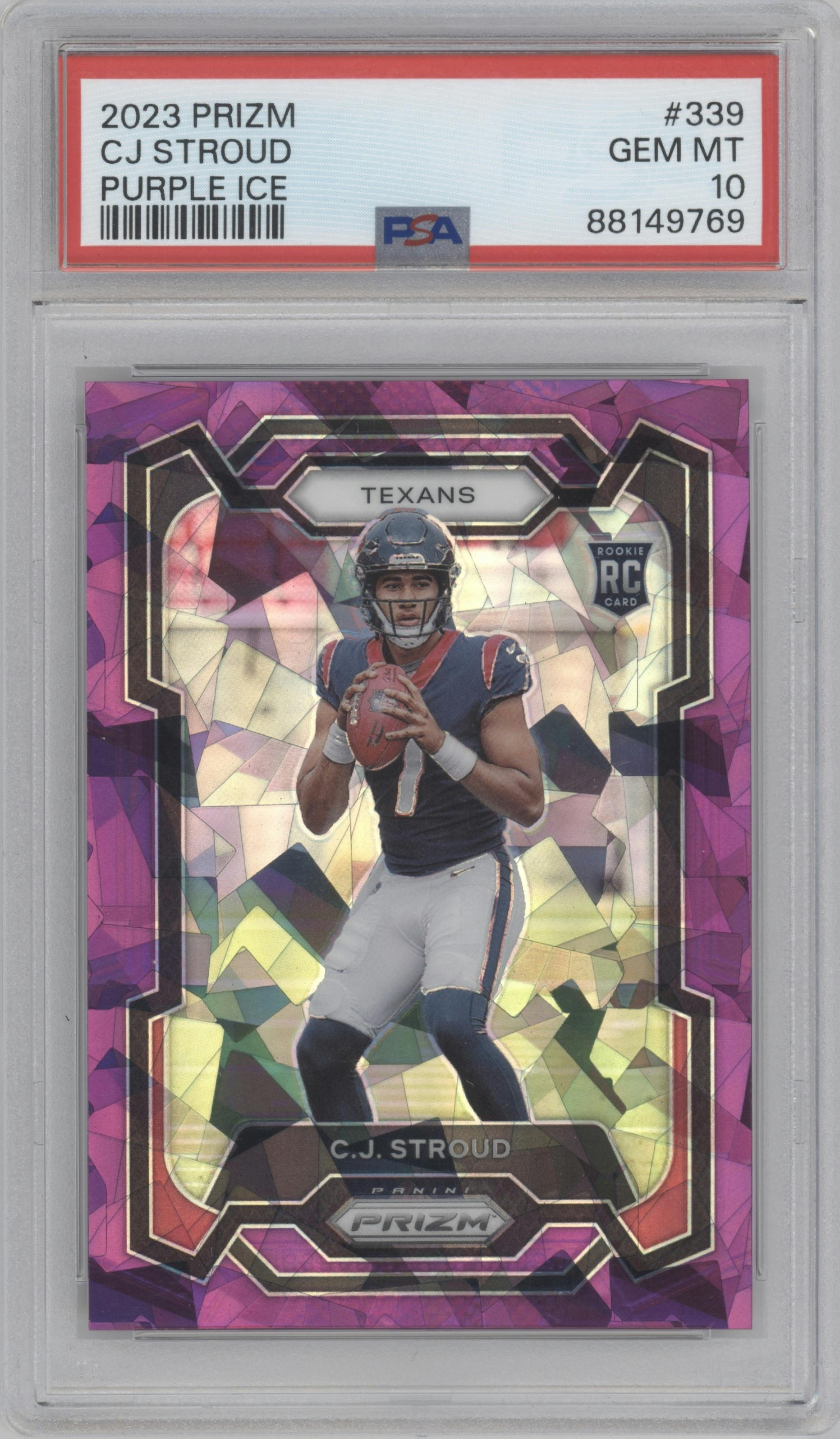 C.J. Stroud from the 2023 Panini Prizm set featuring a Purple Ice parallel graded by PSA and given an overall grade of 10.
