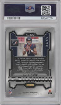 C.J. Stroud from the 2023 Panini Prizm set featuring a Purple Ice parallel graded by PSA and given an overall grade of 10.