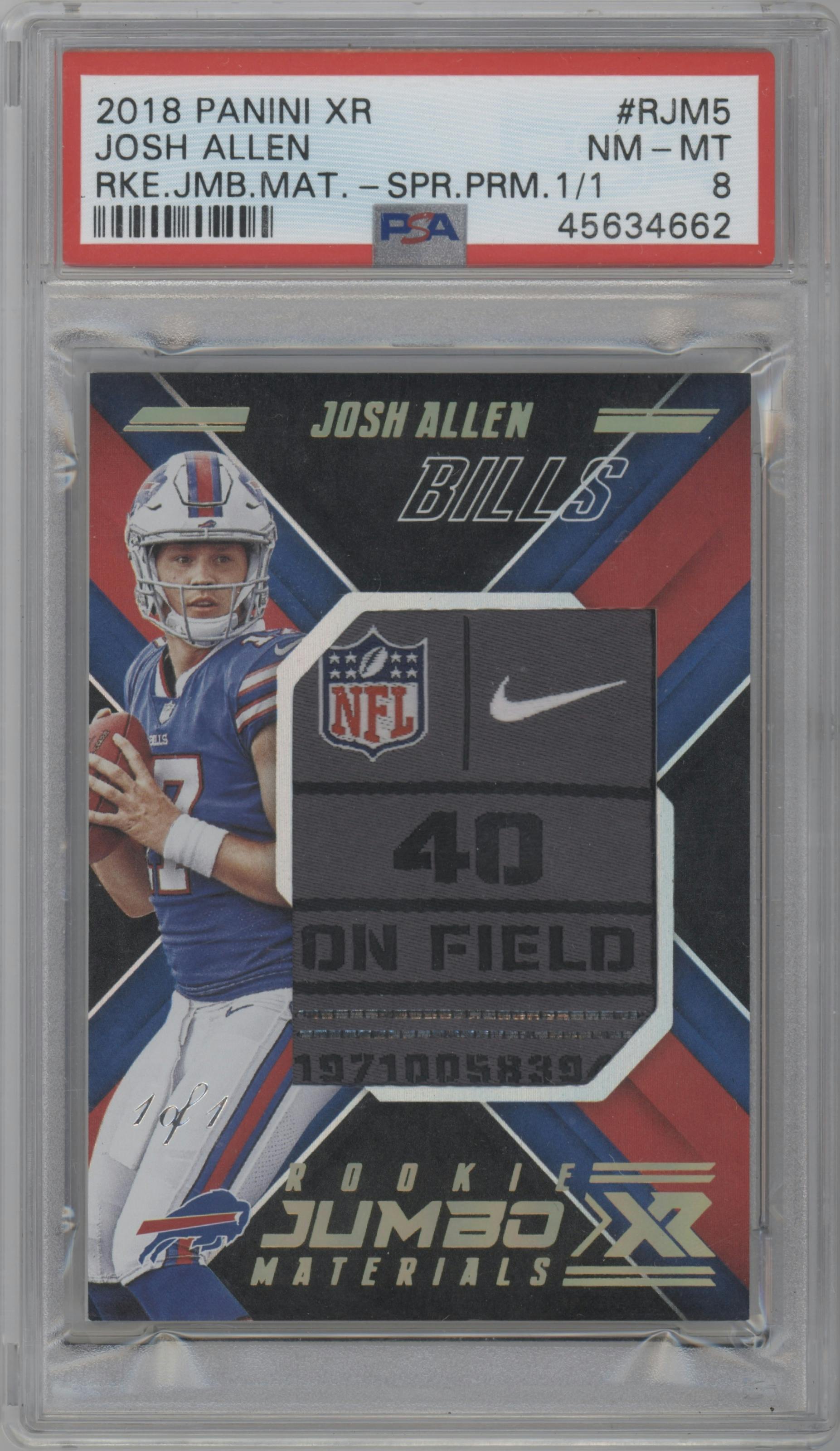Josh Allen from the 2018 Panini XR set featuring a Super Prime parallel graded by PSA and given an overall grade of 8.