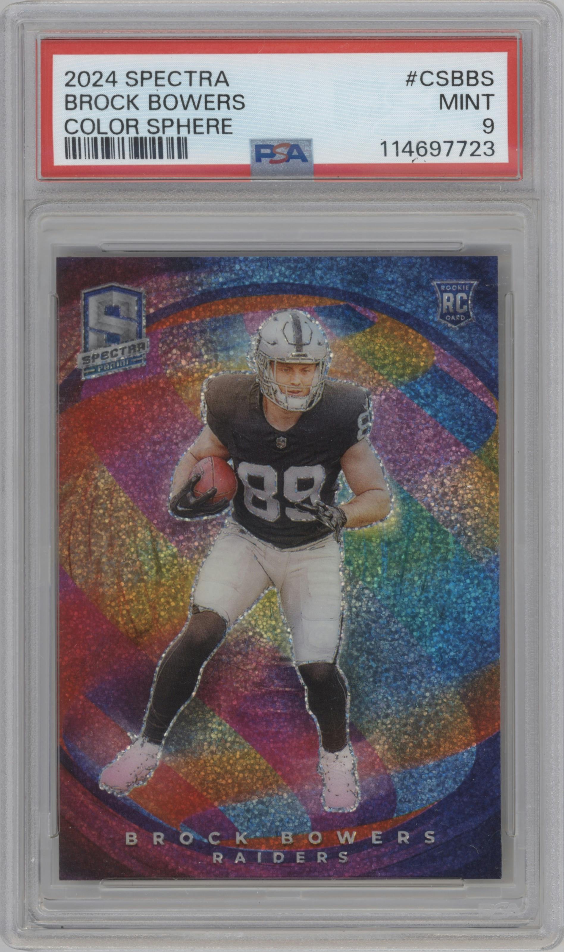 Brock Bowers from the 2024 Panini Spectra set graded by PSA and given an overall grade of 9.