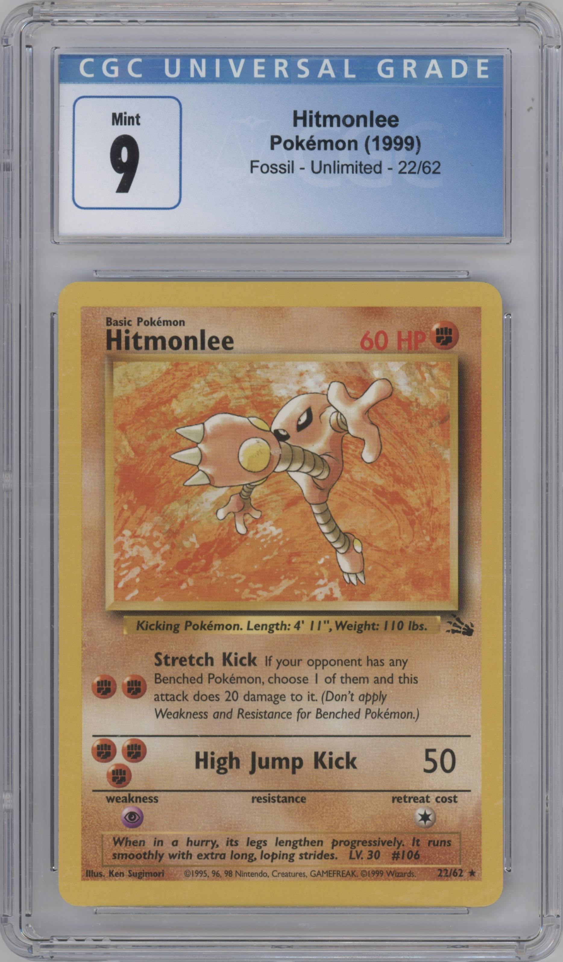 Hitmonlee from the 1999 Pokemon set graded by CSG and given an overall grade of 9.