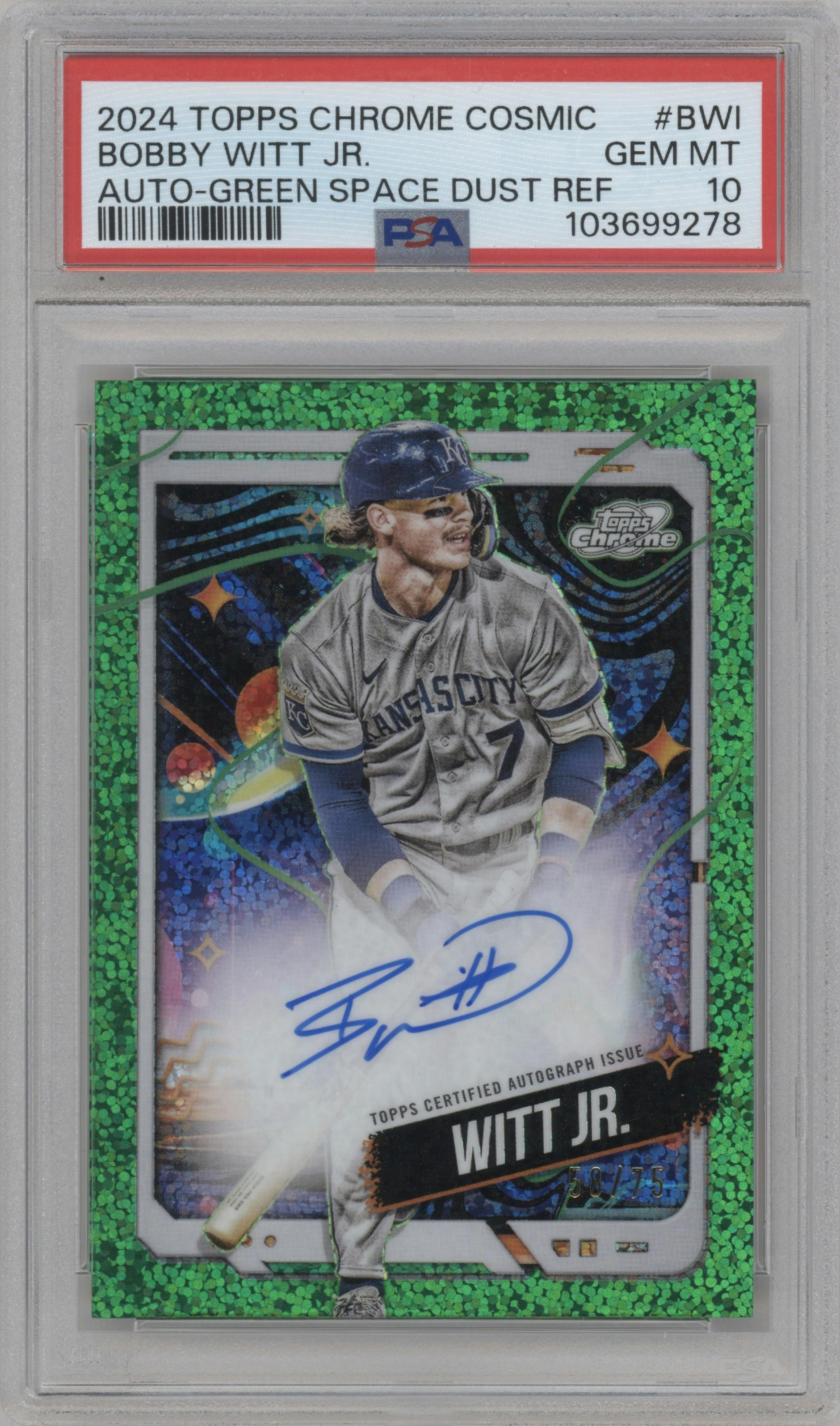 Bobby Witt Jr. from the 2024 Topps Cosmic Chrome set featuring a Green Space Dust Refractor parallel graded by PSA and given an overall grade of 10.