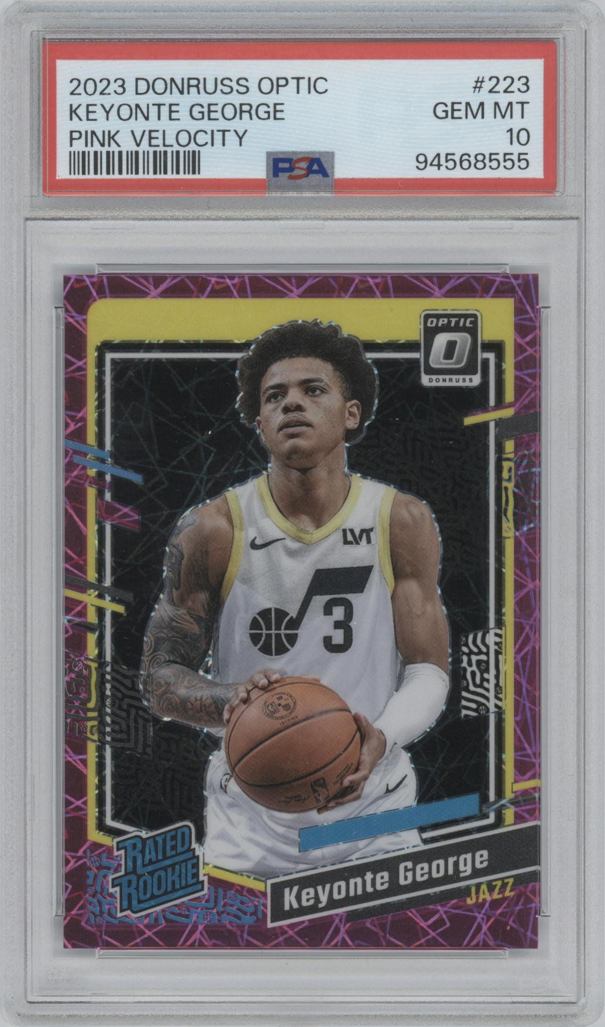 Keyonte George from the 2023-24 Donruss Optic set featuring a Pink Velocity parallel graded by PSA and given an overall grade of 10.