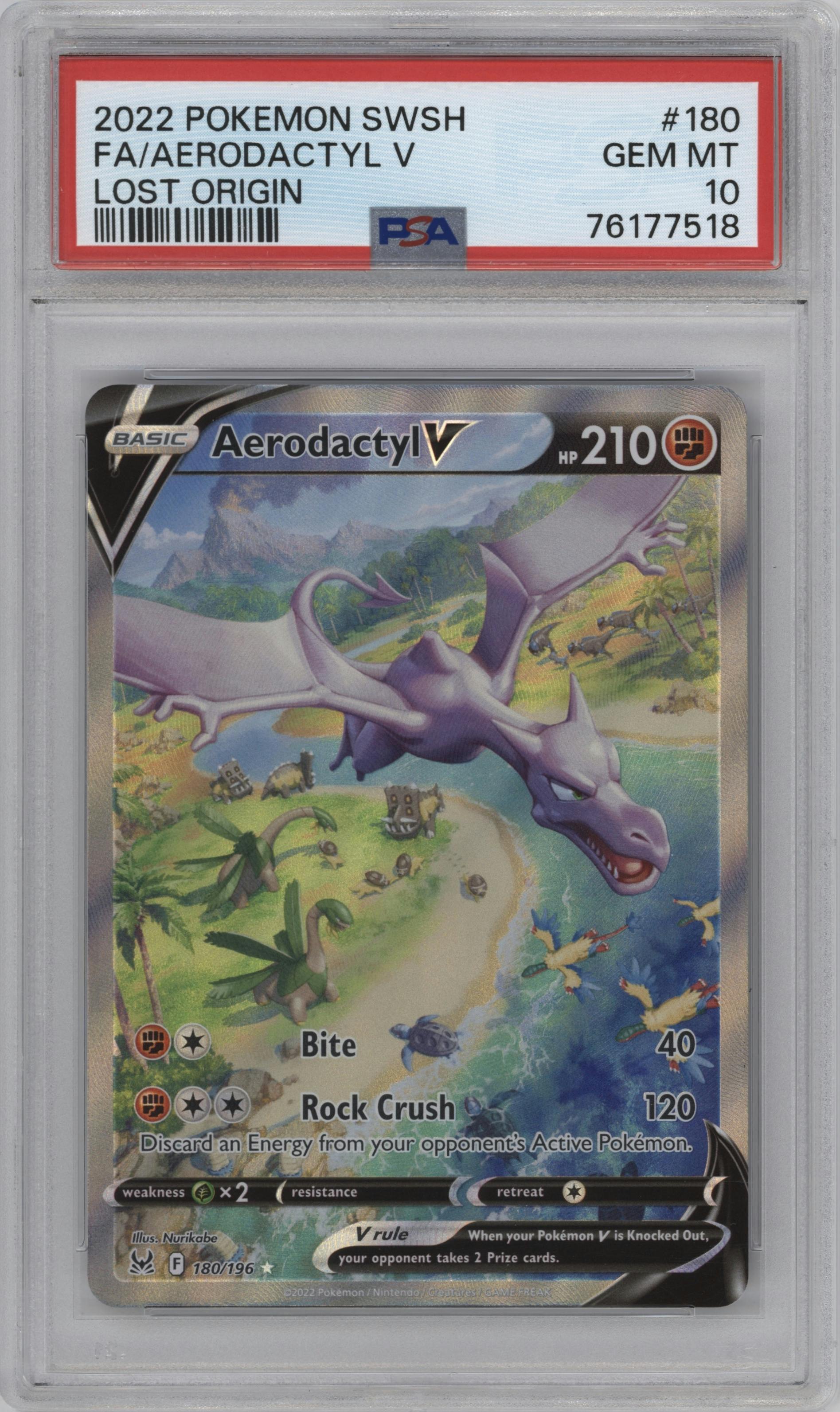 Aerodactyl V from the 2022 Pokemon SWSH set graded by PSA and given an overall grade of 10.
