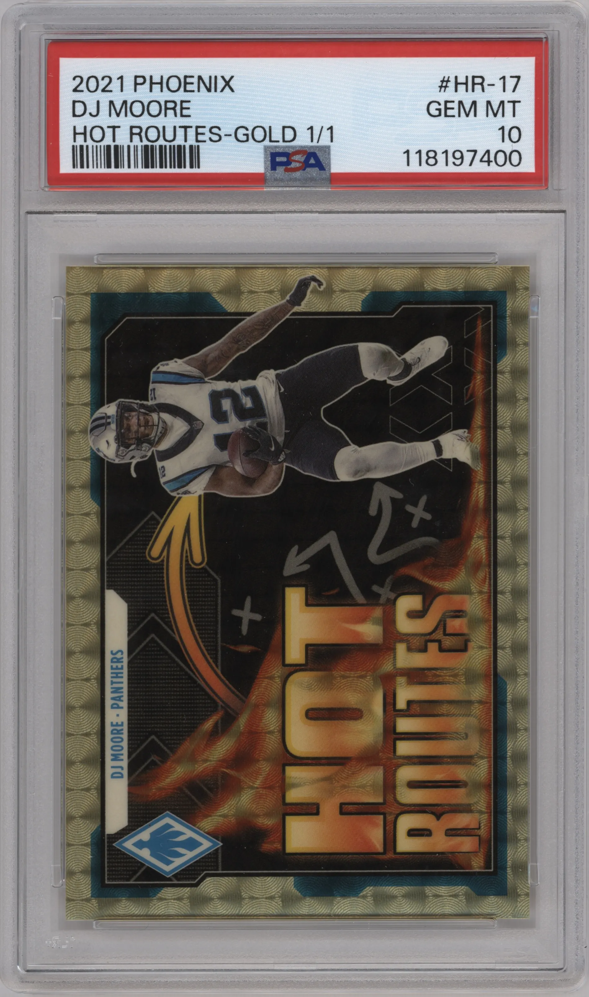 DJ Moore from the 2021 Panini Phoenix set featuring a Gold parallel graded by PSA and given an overall grade of 10.