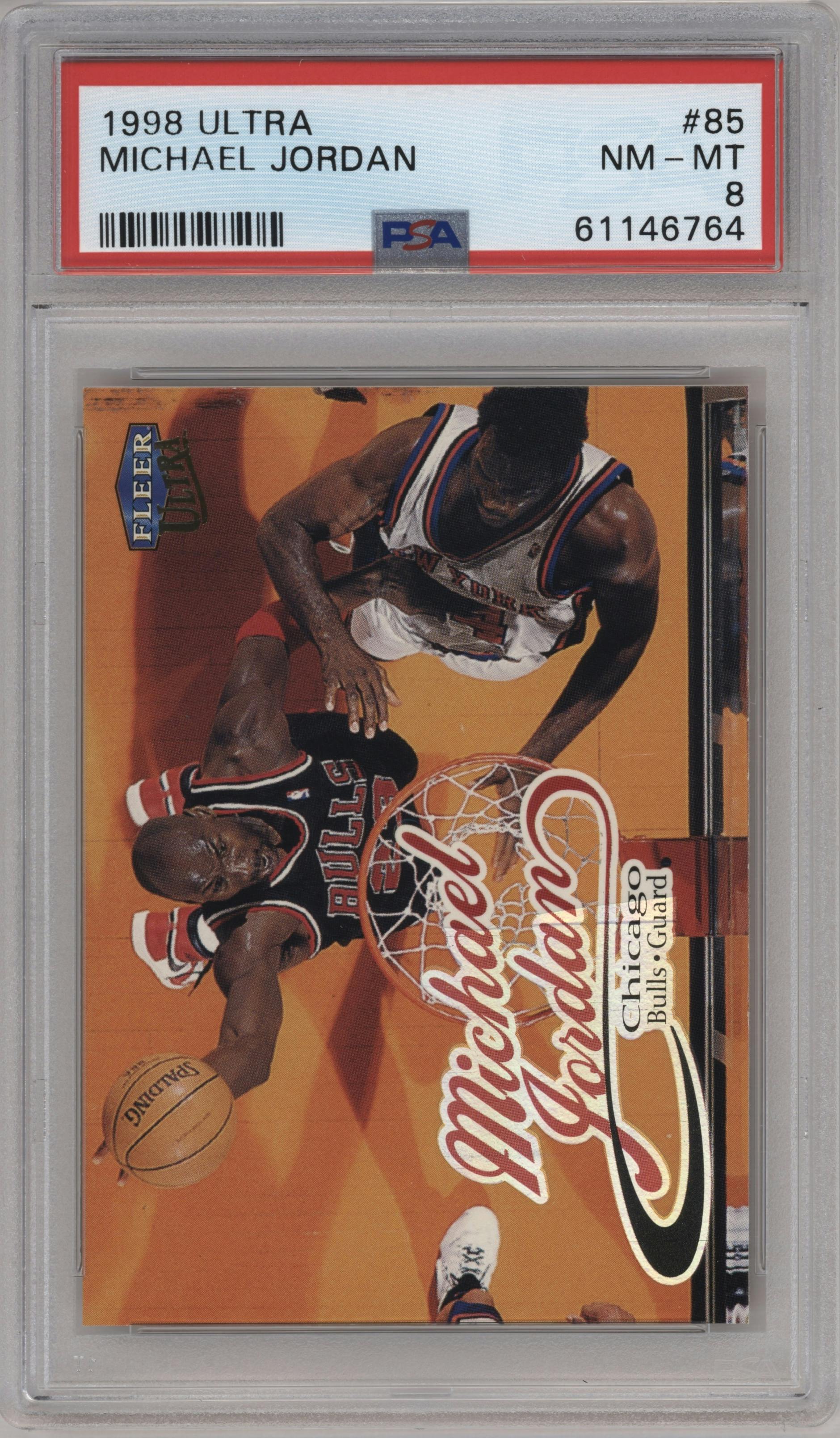 Michael Jordan from the 1998-99 Fleer Ultra set graded by PSA and given an overall grade of 8.