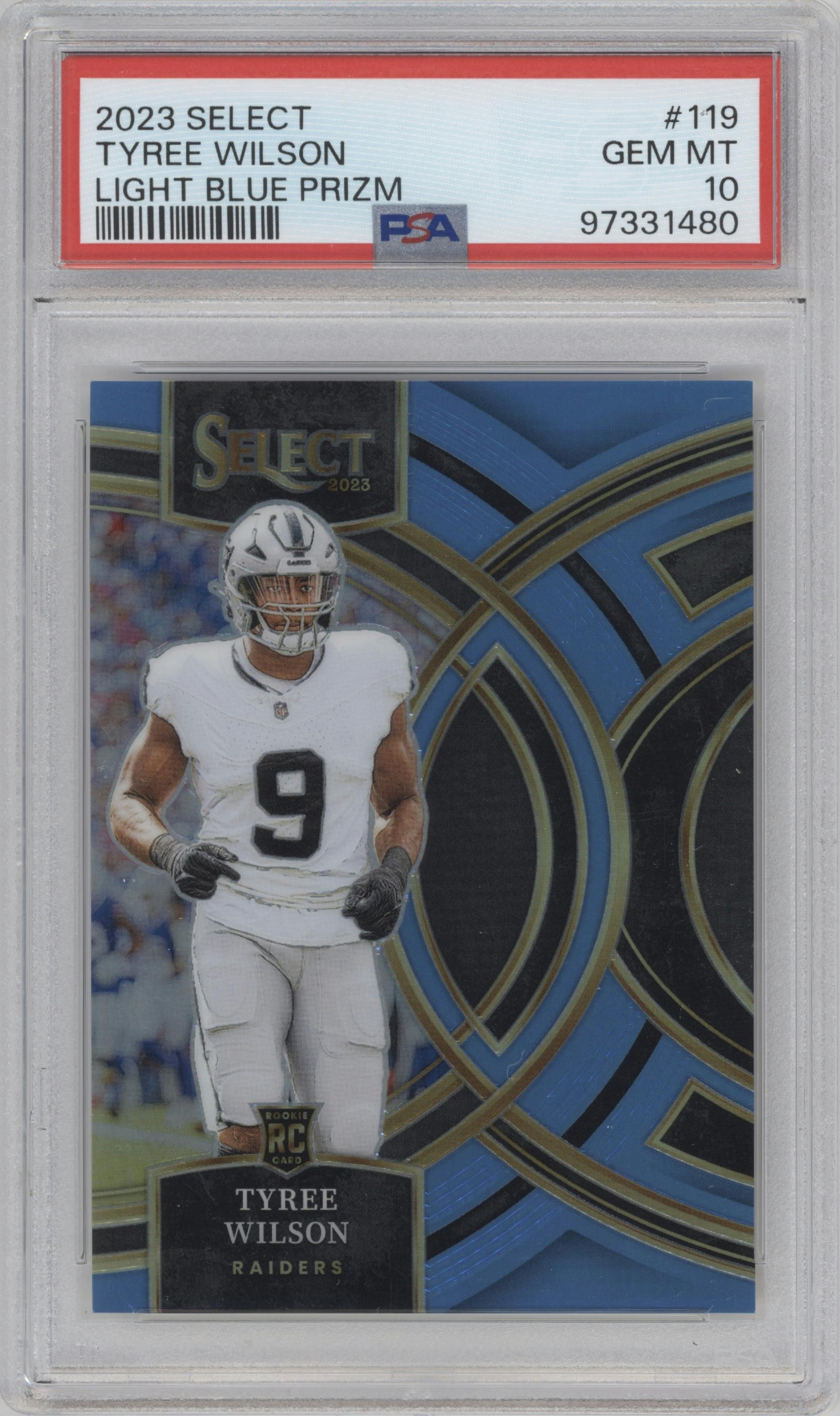 Tyree Wilson from the 2023 Panini Select set featuring a Light Blue Prizm parallel graded by PSA and given an overall grade of 10.