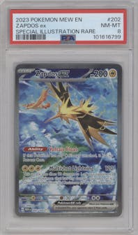 Zapdos EX from the 2023 Pokemon SV set graded by PSA and given an overall grade of 8.