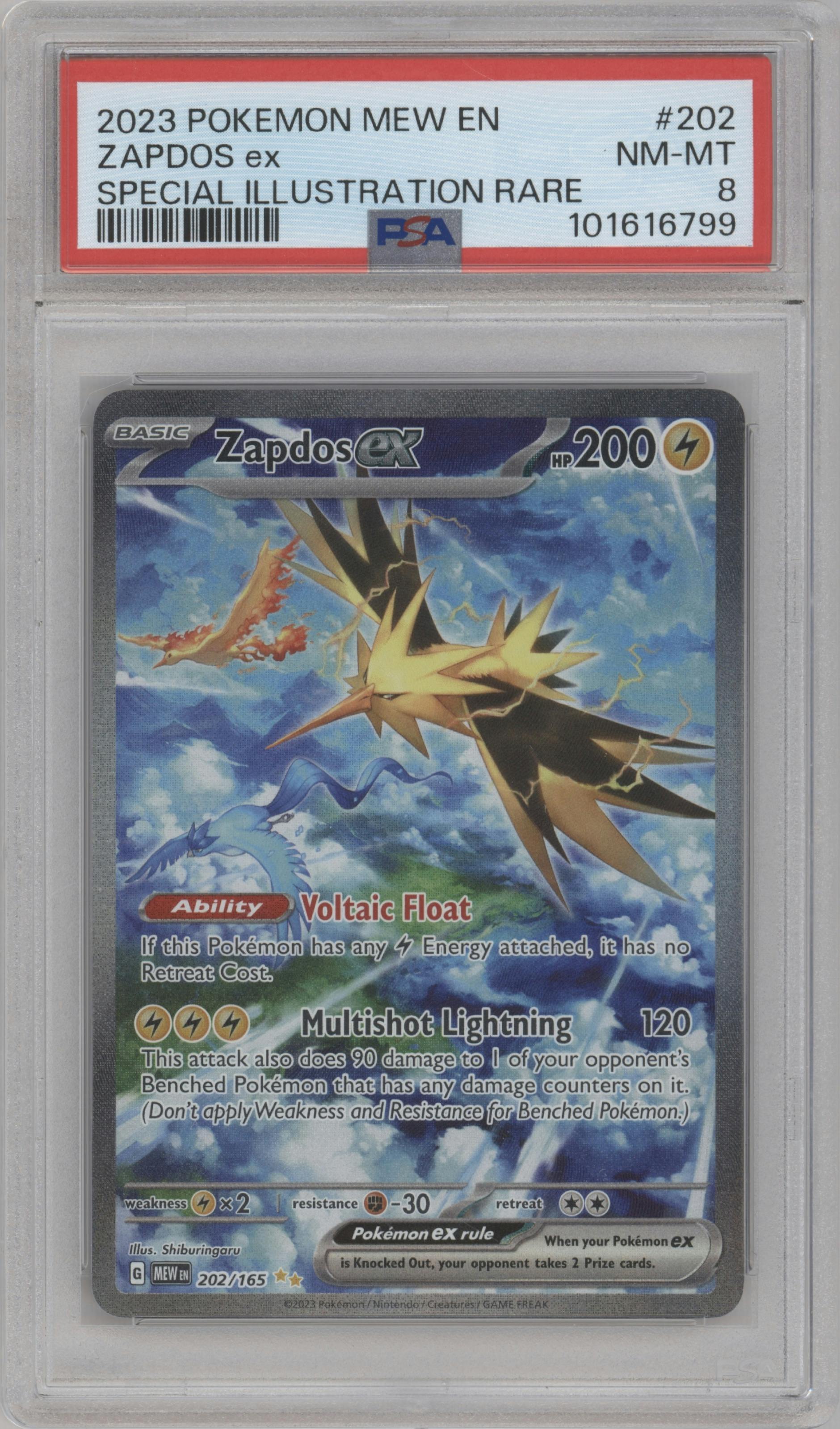 Zapdos EX from the 2023 Pokemon SV set graded by PSA and given an overall grade of 8.