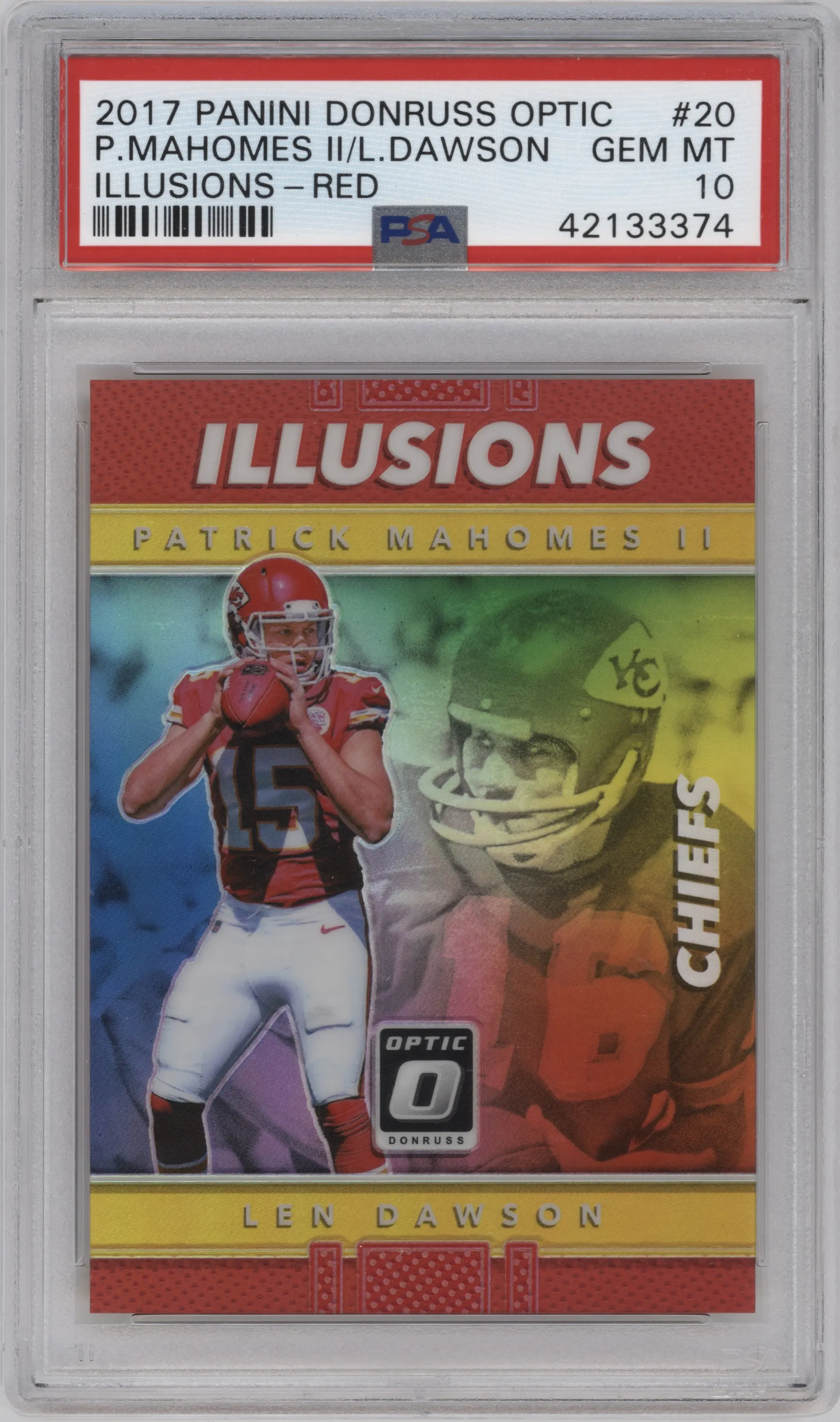 2017 Panini Donruss Optic Illusions Patrick Mahomes II/Len Dawson Red #20 PSA 10