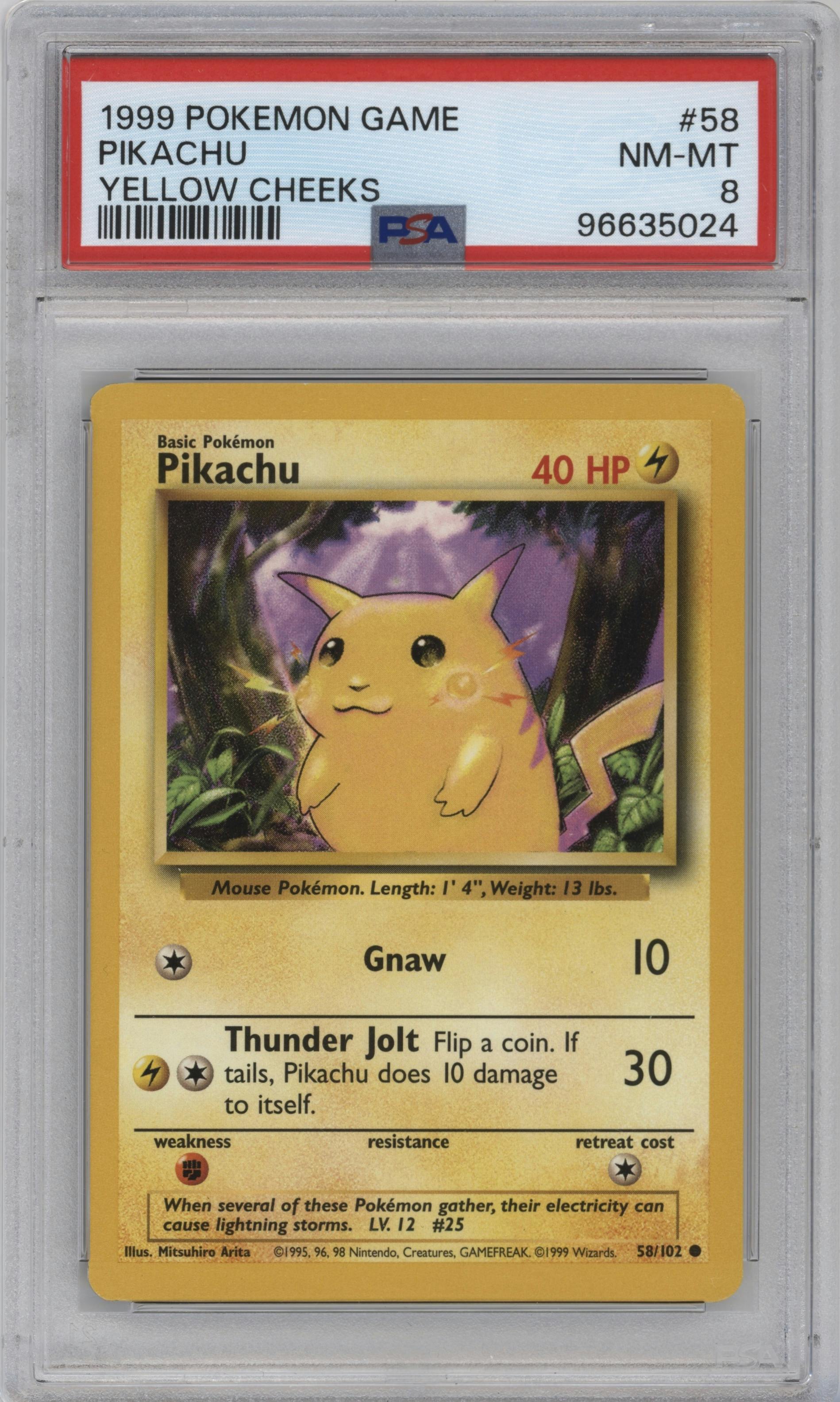 Pikachu from the 1999 Pokemon set featuring a Yellow Cheeks parallel graded by PSA and given an overall grade of 8.