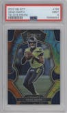 Geno Smith from the 2022 Panini Select set featuring a Tie-Dye parallel graded by PSA and given an overall grade of 9.