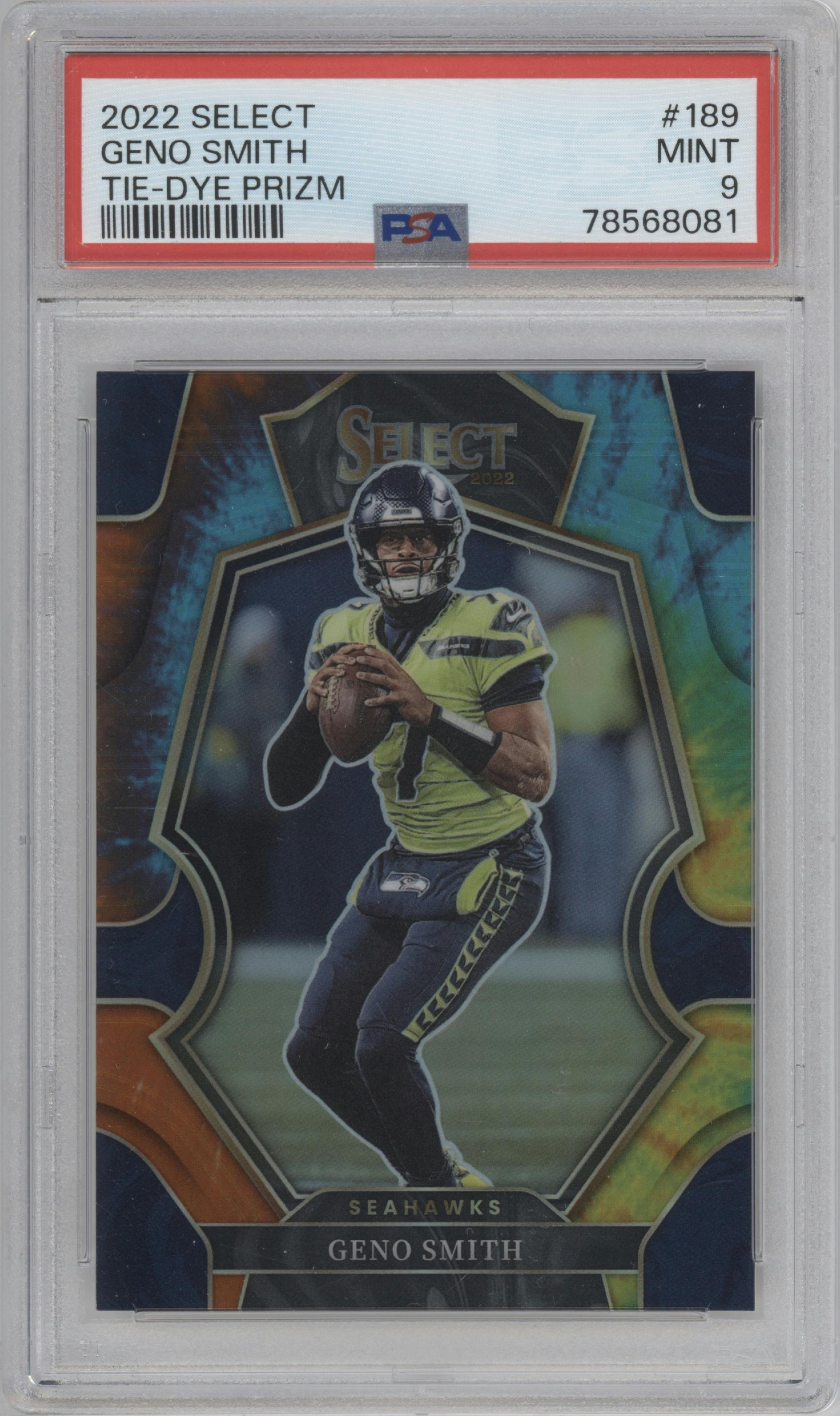 Geno Smith from the 2022 Panini Select set featuring a Tie-Dye parallel graded by PSA and given an overall grade of 9.