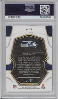 Geno Smith from the 2022 Panini Select set featuring a Tie-Dye parallel graded by PSA and given an overall grade of 9.