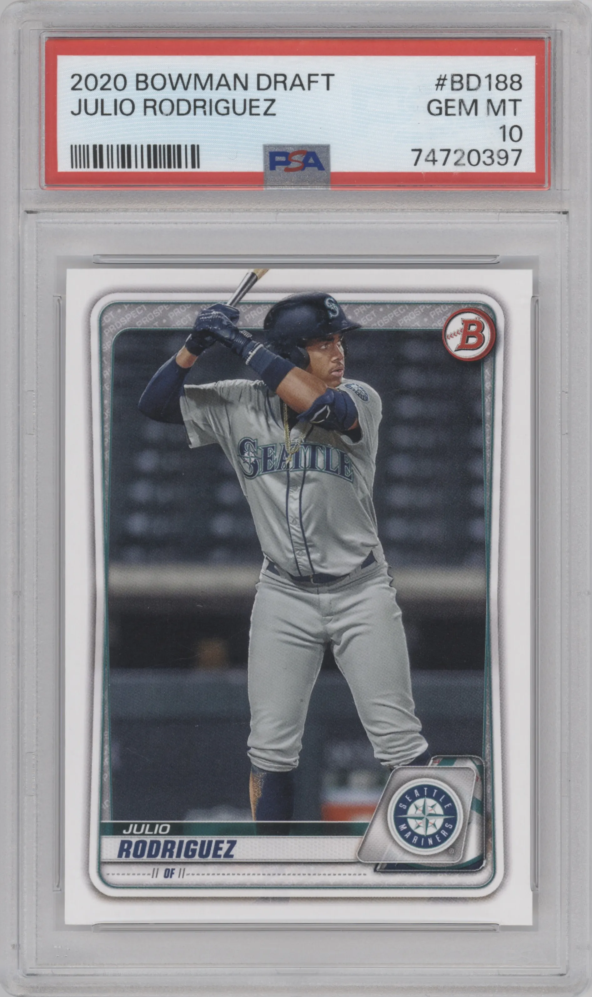 Julio Rodriguez from the 2020 Bowman Draft set graded by PSA and given an overall grade of 10.