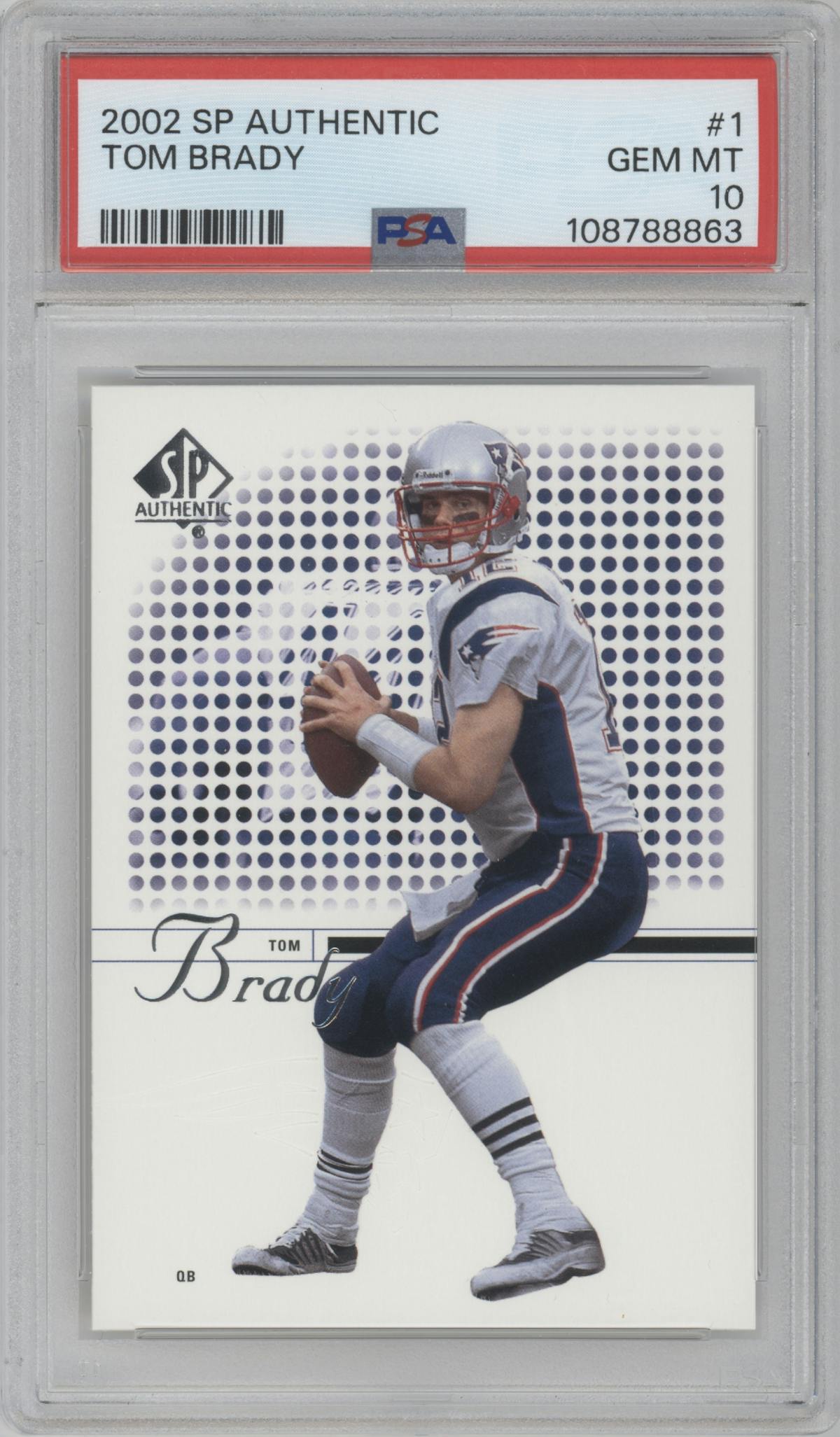 Tom Brady from the 2002 Upper Deck SP Authentic  set graded by PSA and given an overall grade of 10.