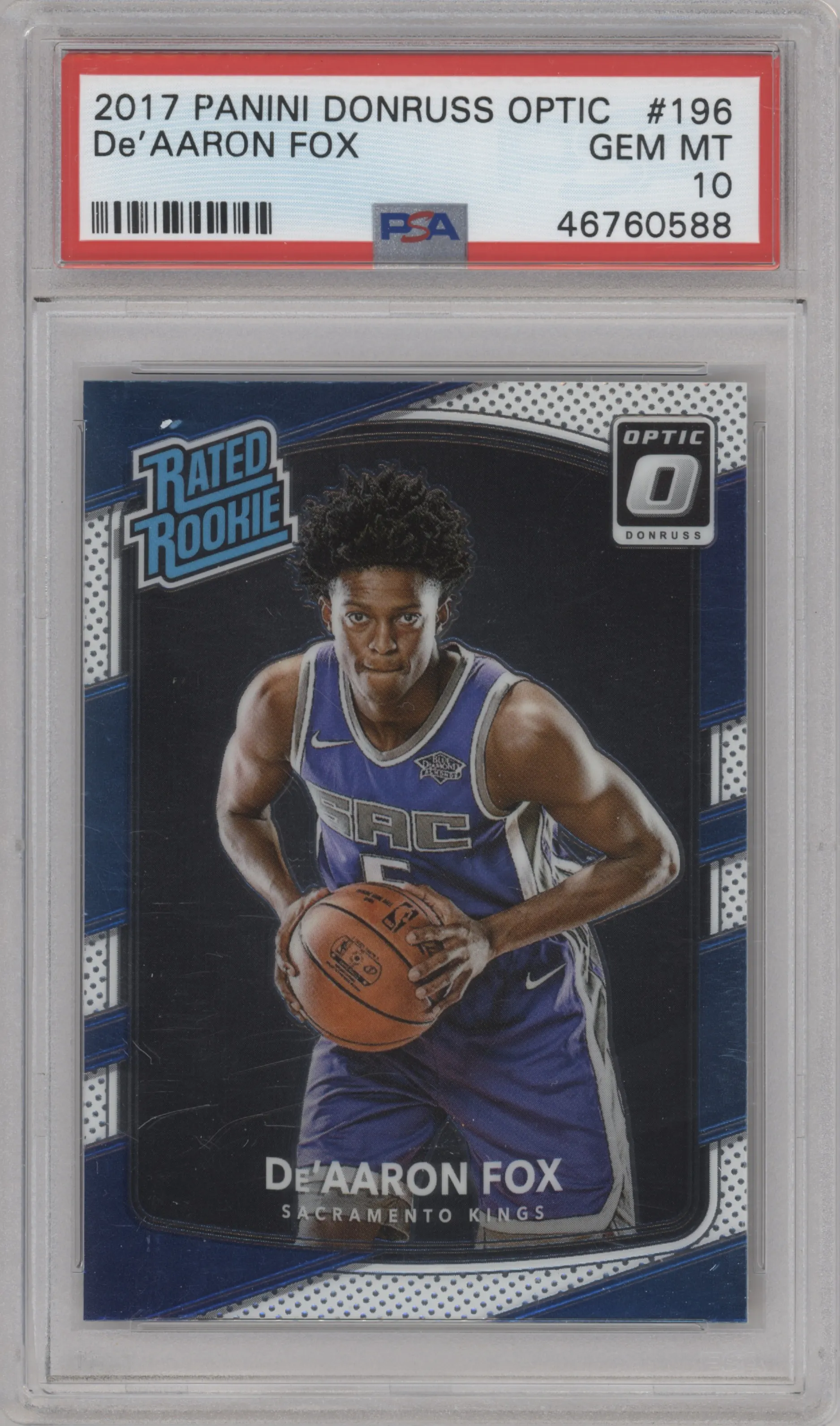 De'Aaron Fox from the 2017-18 Panini Donruss Optic set graded by PSA and given an overall grade of 10.