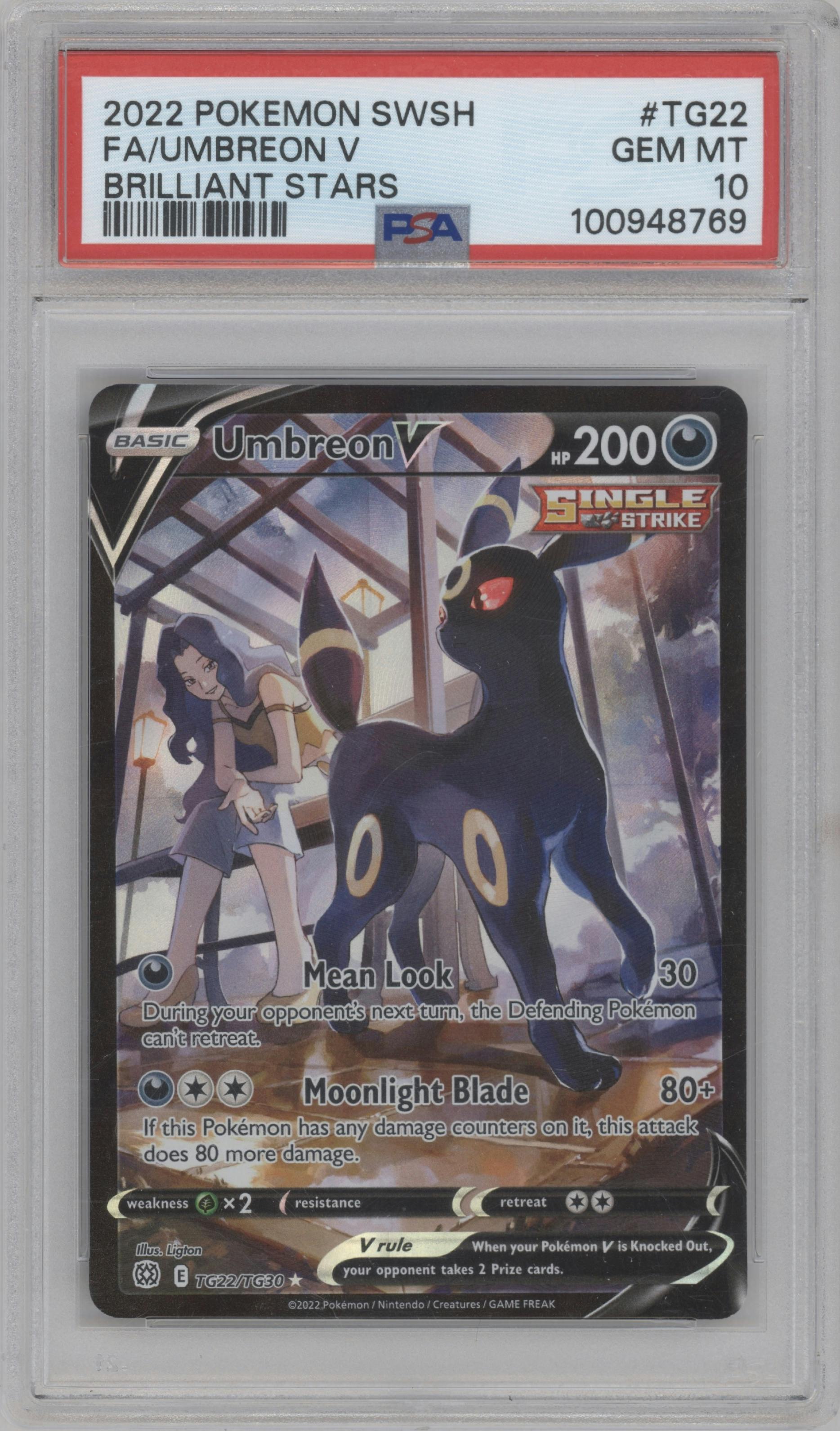 Umbreon V from the 2022 Pokemon SWSH set graded by PSA and given an overall grade of 10.