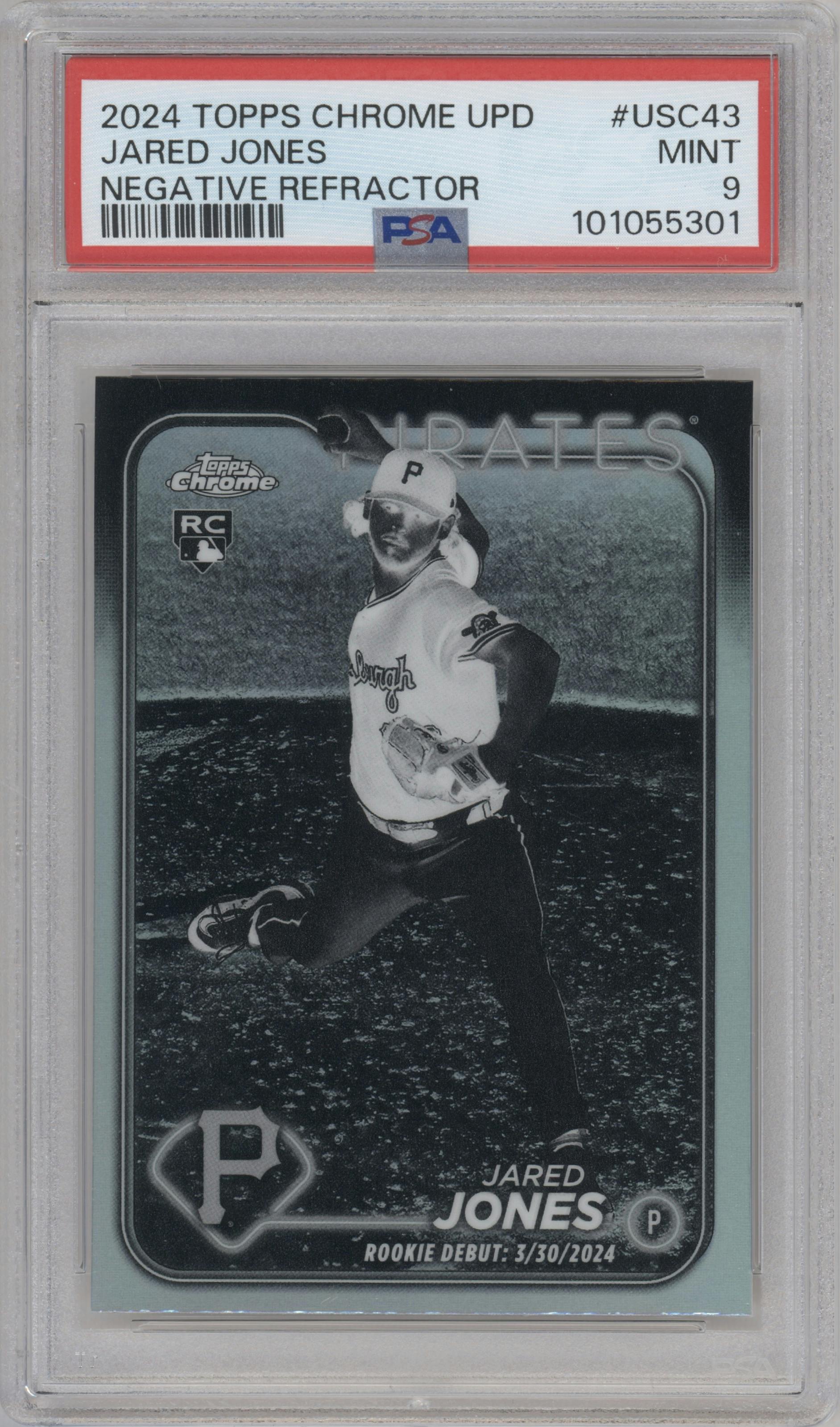Jared Jones from the 2024 Topps Chrome Update set featuring a Negative Refractor parallel graded by PSA and given an overall grade of 9.