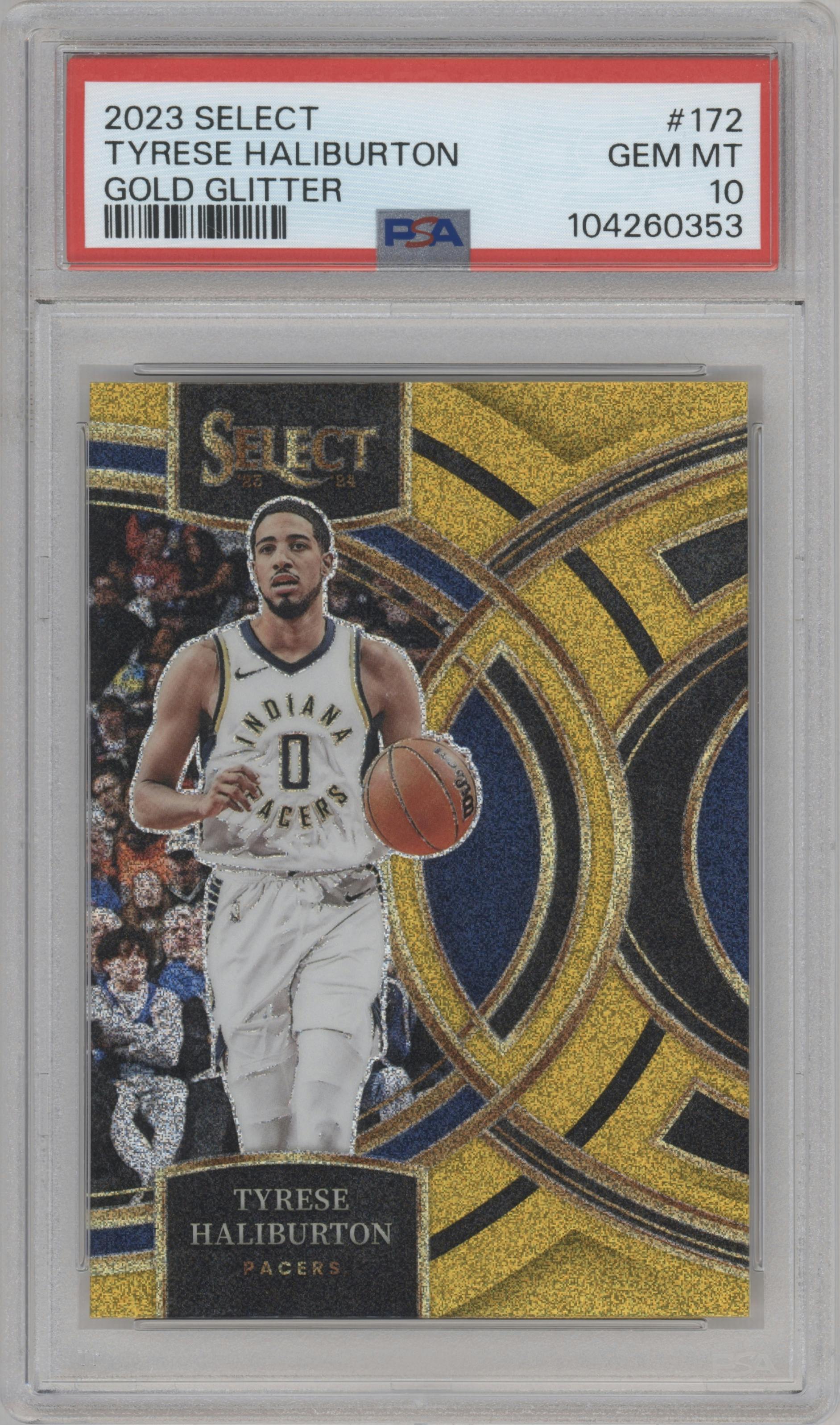 Tyrese Haliburton from the 2023-24 Panini Select  set featuring a Gold Glitter parallel graded by PSA and given an overall grade of 10.