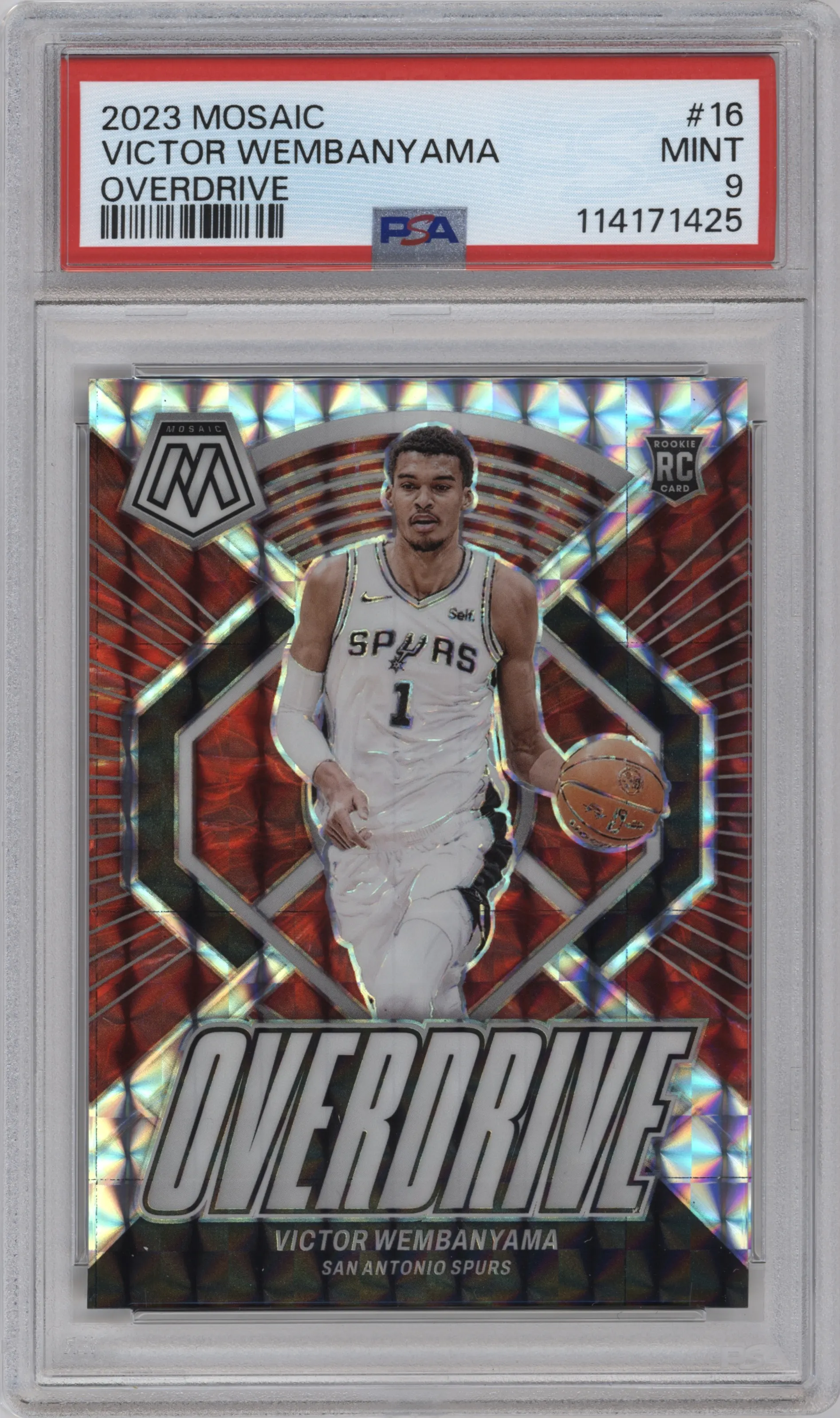 Victor Wembanyama from the 2023-24 Panini Mosaic set graded by PSA and given an overall grade of 9.