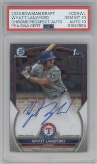 Wyatt Langford from the 2023 Bowman Draft set graded by PSA and given an overall grade of 10.