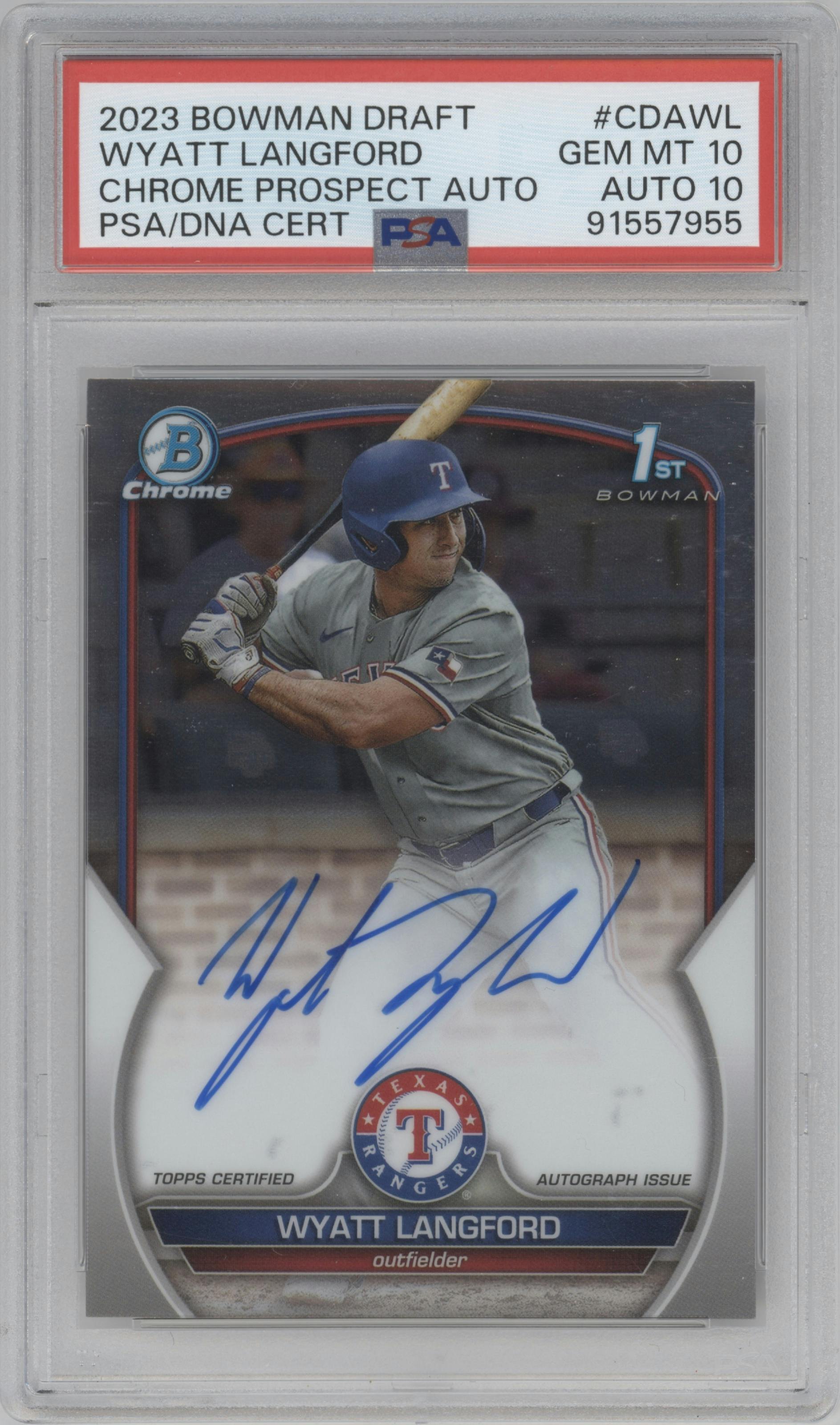 Wyatt Langford from the 2023 Bowman Draft set graded by PSA and given an overall grade of 10.