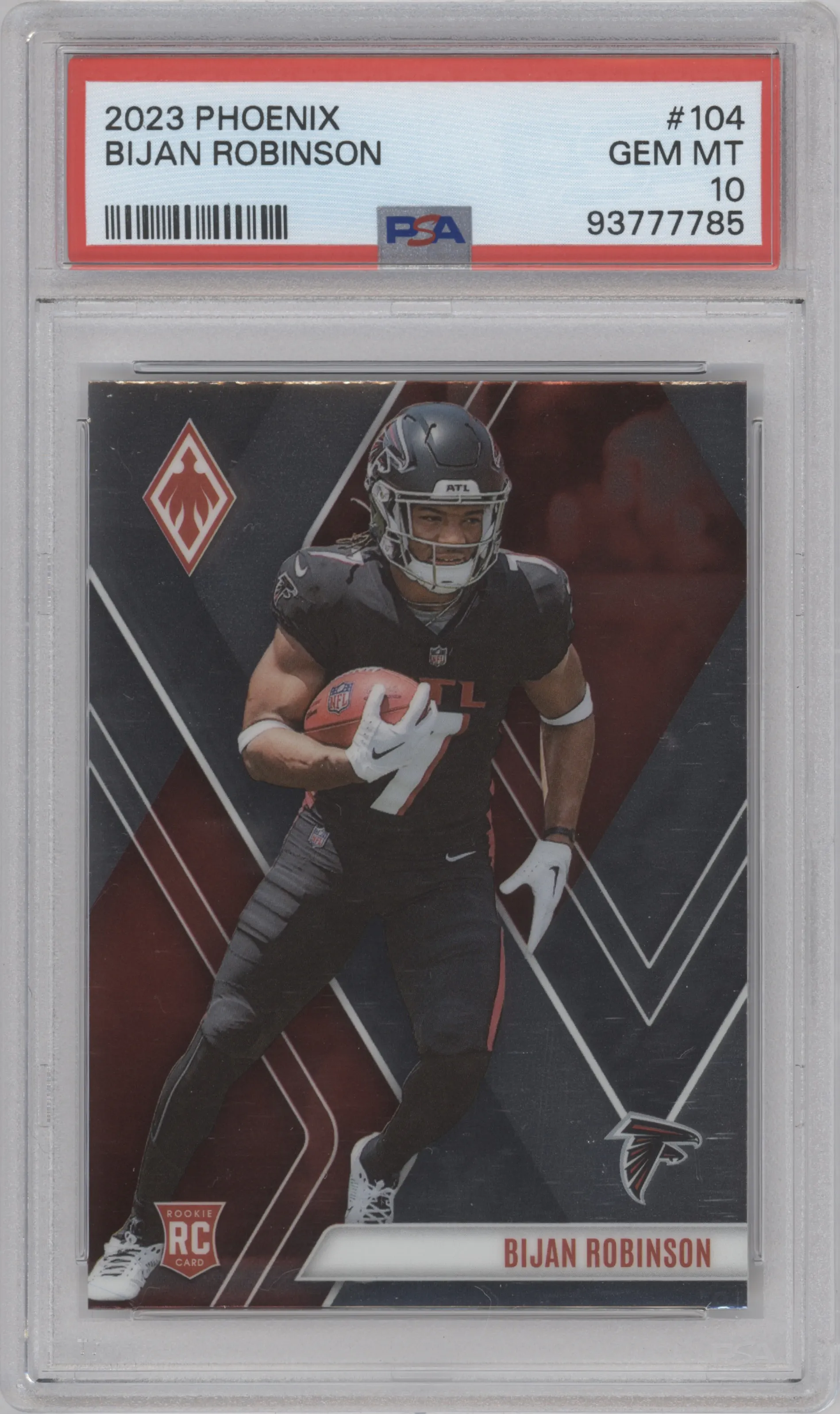 Bijan Robinson from the 2023 Panini Phoenix set graded by PSA and given an overall grade of 10.