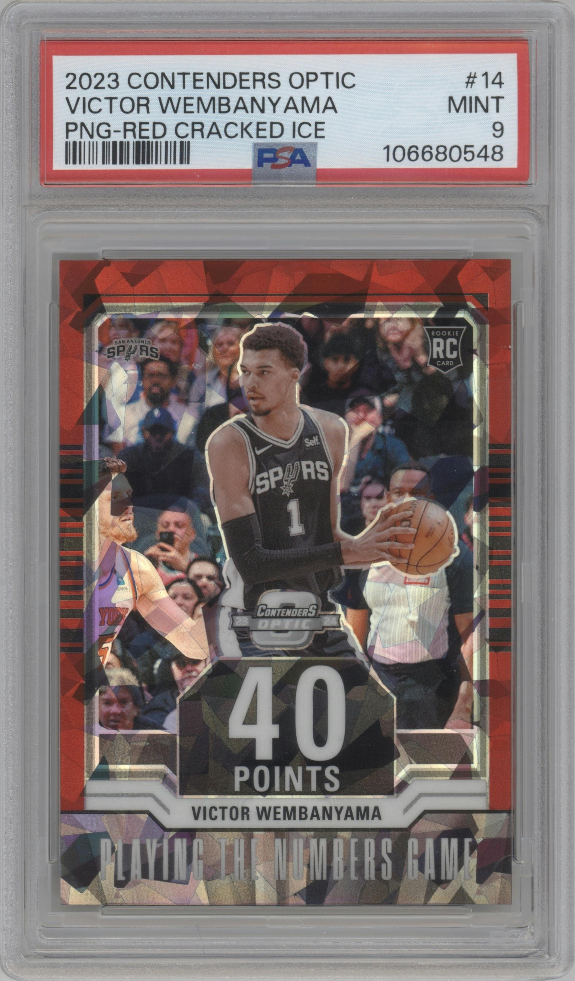 Victor Wembanyama from the 2023-24 Panini Contenders Optic set featuring a Red Cracked Ice parallel graded by PSA and given an overall grade of 9.