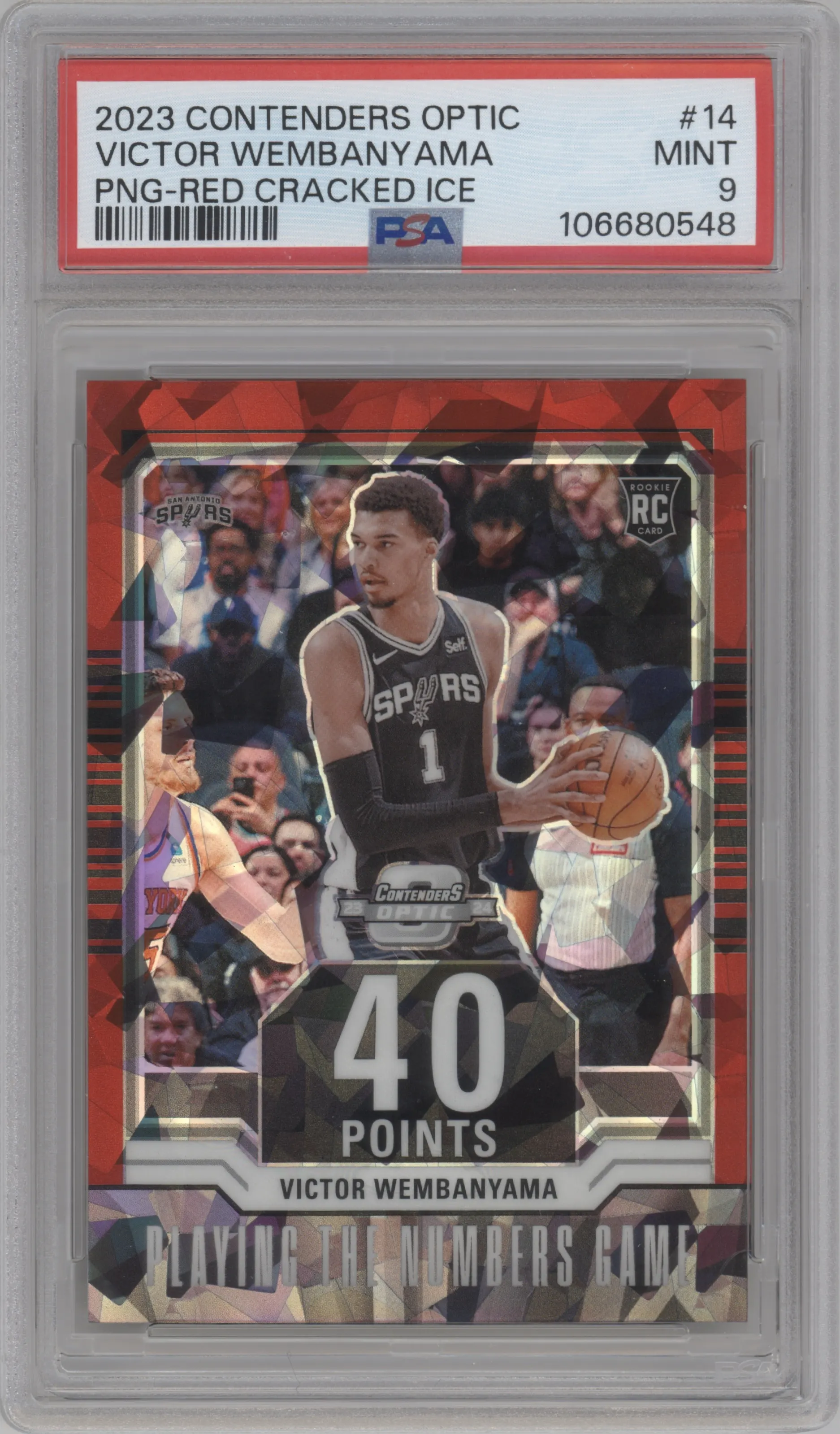 2023 Panini Contenders Optic Playing The Nmbrs.Gm. Victor Wembanyama Red Cracked Ice #14 PSA 9