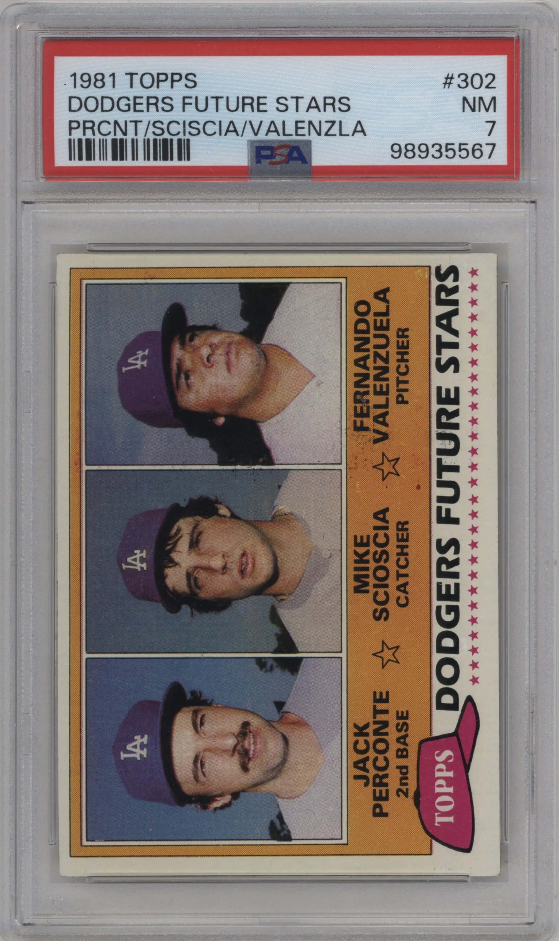 1981 Topps Jack Perconte/Mike Scioscia/Fernando Valenzuela #302 PSA 7