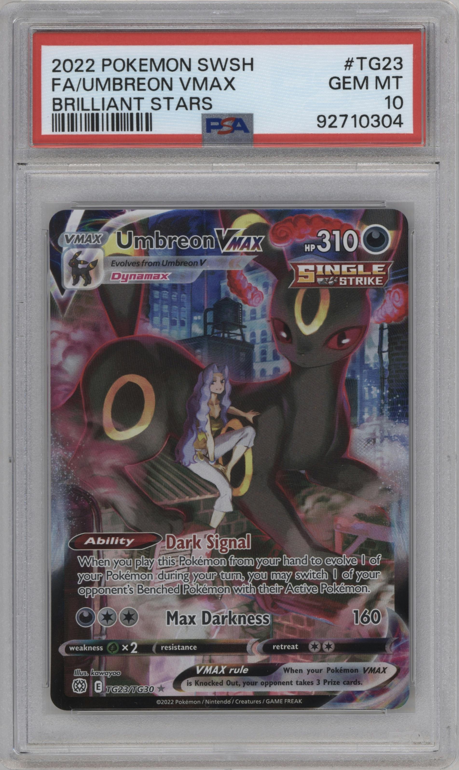 Umbreon VMAX from the 2022 Pokemon SWSH set graded by PSA and given an overall grade of 10.