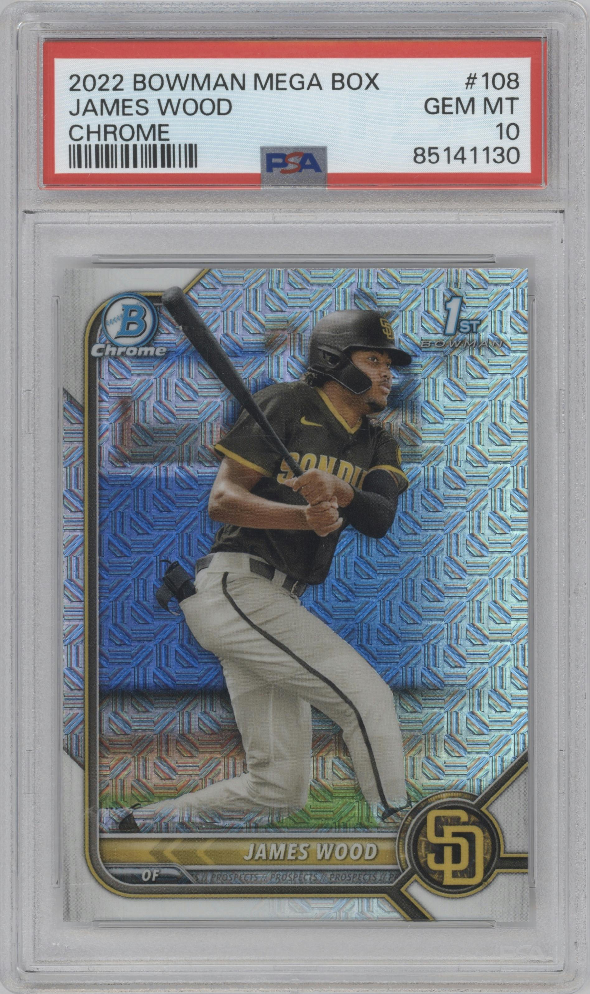 James Wood from the 2022 Bowman Mega Box set graded by PSA and given an overall grade of 10.