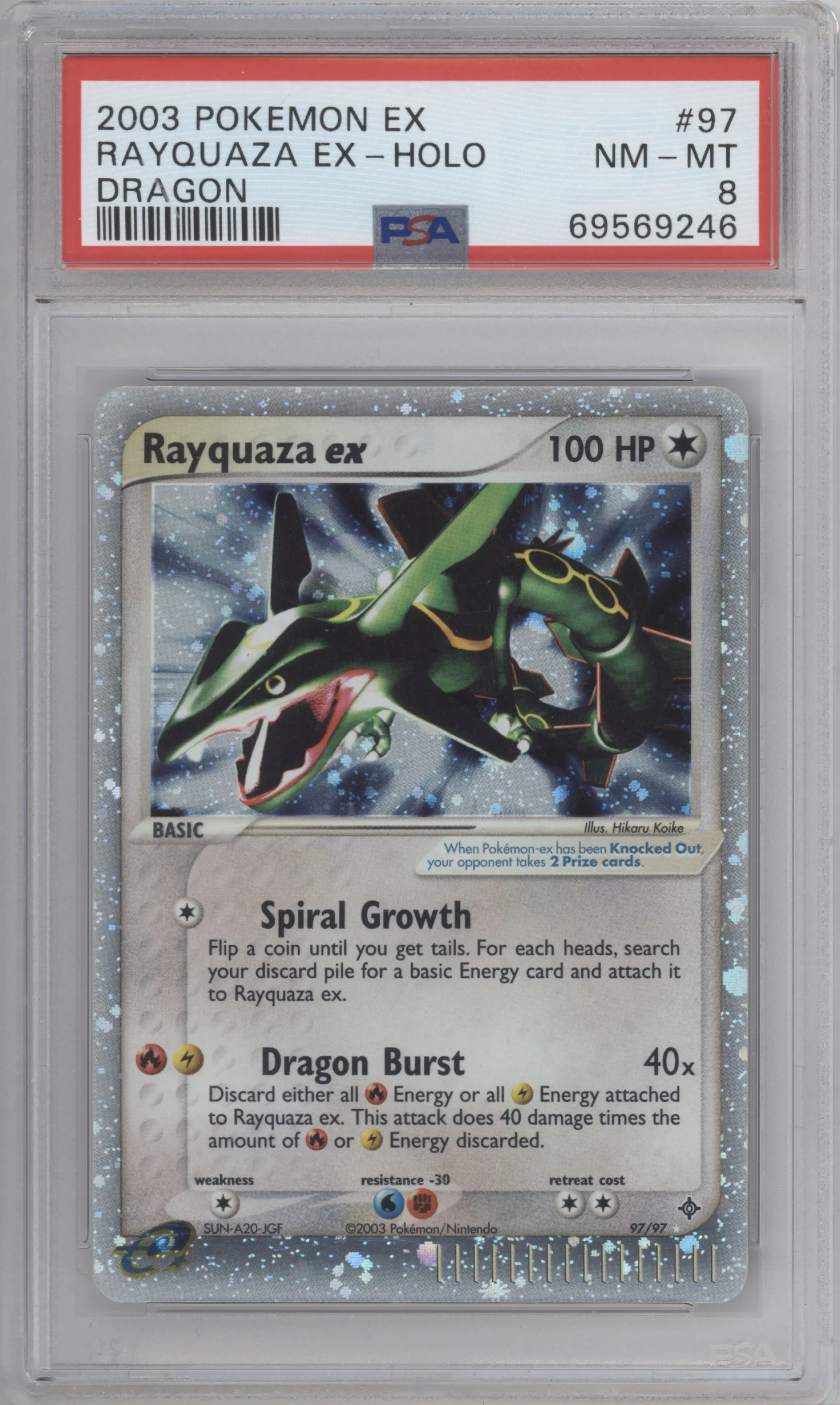 Rayquaza ex from the 2003 Pokemon EX set graded by PSA and given an overall grade of 8.