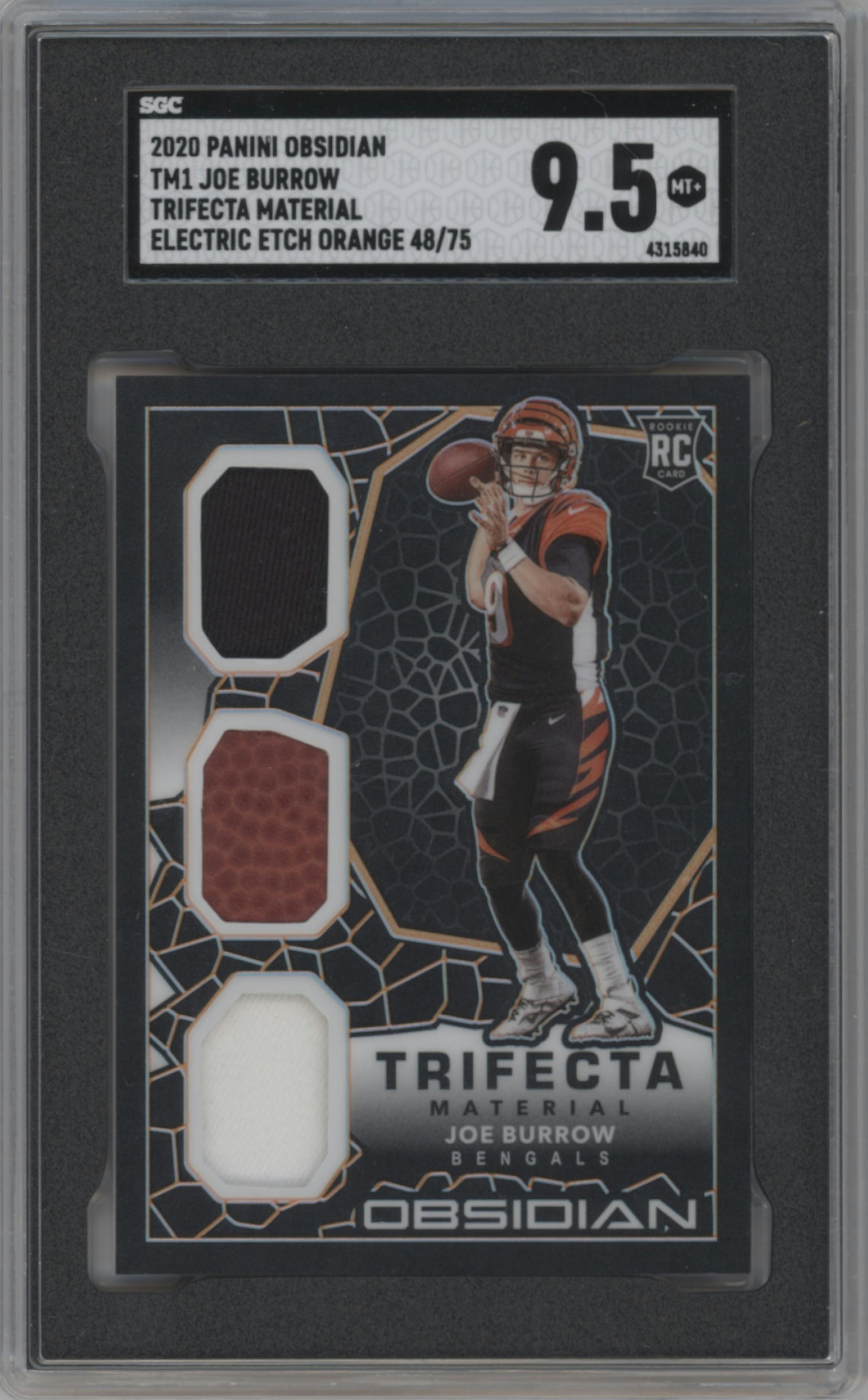 Joe Burrow from the 2020 Panini Obsidian set featuring a Electric Etch Orange parallel graded by SGC and given an overall grade of 9.5.