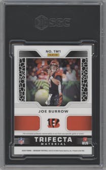 Joe Burrow from the 2020 Panini Obsidian set featuring a Electric Etch Orange parallel graded by SGC and given an overall grade of 9.5.