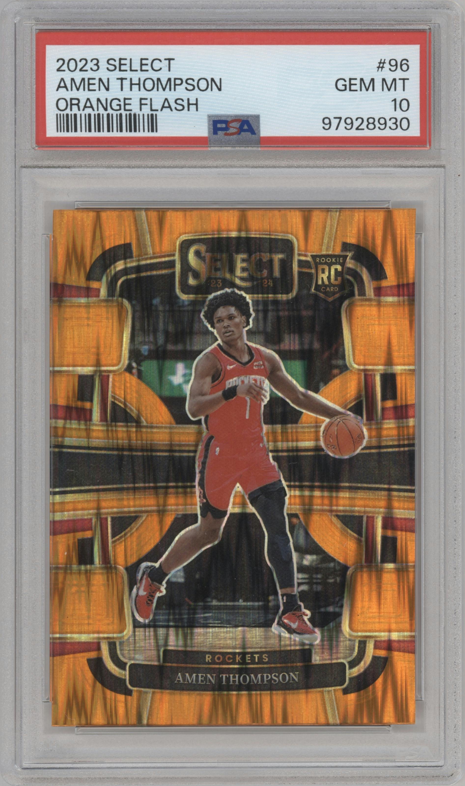 Amen Thompson from the 2023-24 Panini Select  set featuring a Orange Flash parallel graded by PSA and given an overall grade of 10.