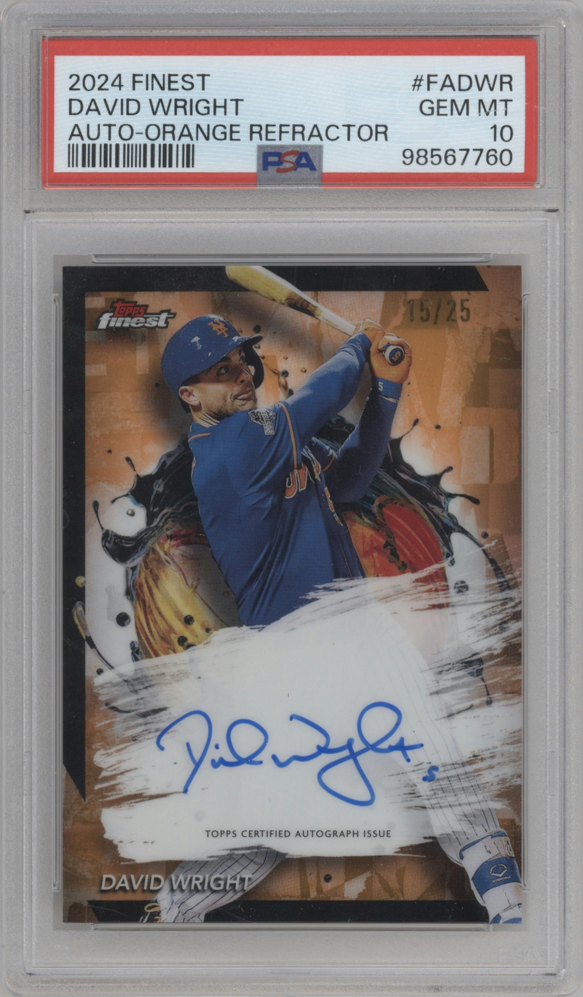 David Wright from the 2024 Topps Finest set featuring a Orange Refracror parallel graded by PSA and given an overall grade of 10.